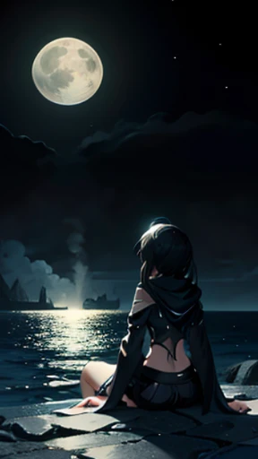 Mato Kuroi from black rock shooter, moon, ocean