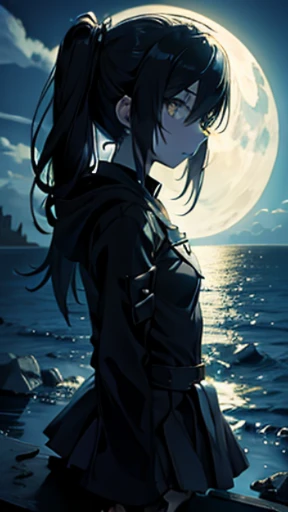 Mato Kuroi from black rock shooter, moon, ocean
