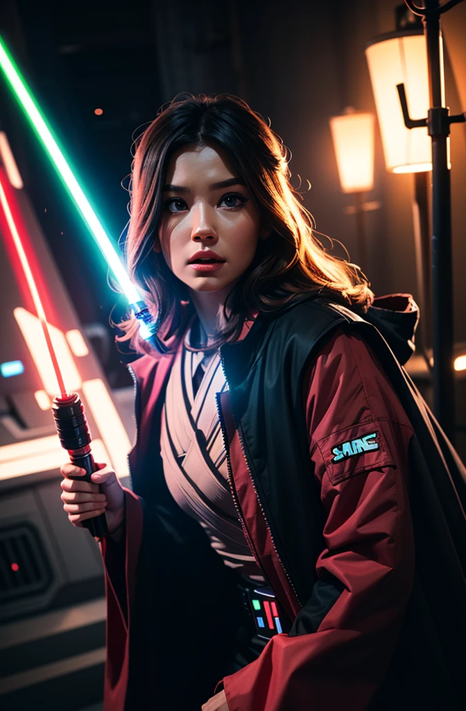Pink, sith, volumetric lighting, good lighting on face, detail eyes, long dark wavy hair, poster theme art, 8k cinematic, holding light saber, running at camera