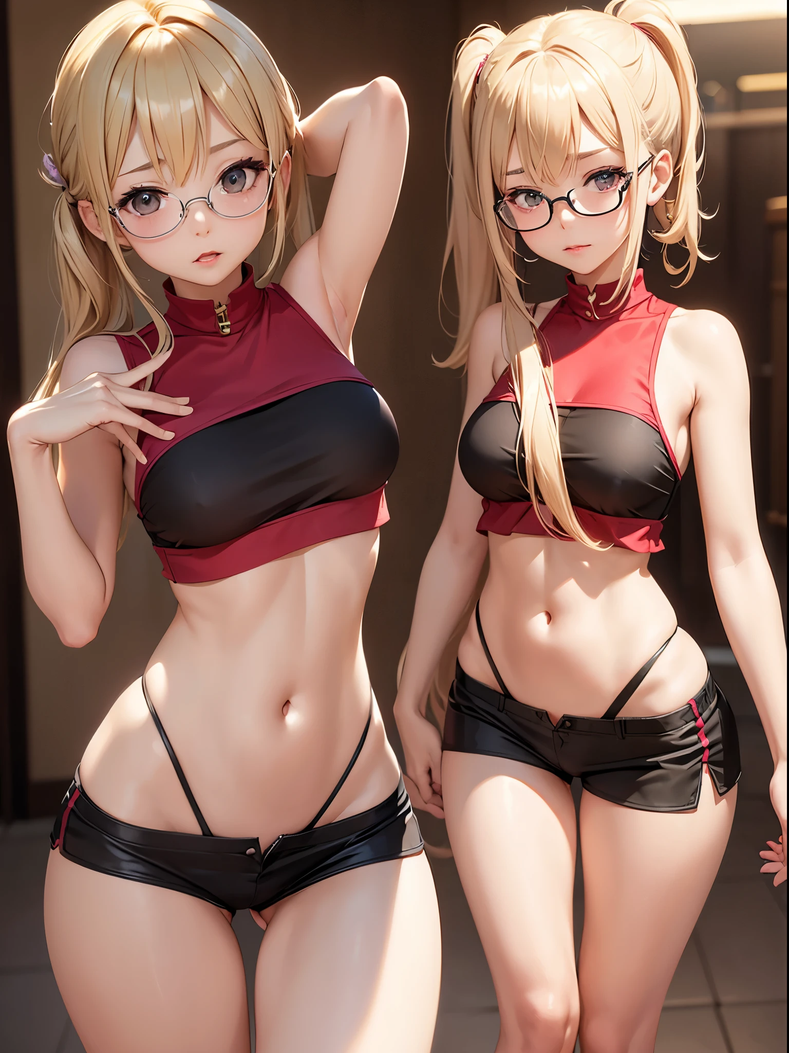 in public, boring, bangs, body, 13 y girl, blonde hair tied in a side ponytail, sensual cleavage, red blouse, sensual mouth, round breasts, ass facing the viewer, back to the screen, micro shorts 1.4, Ultra HD, 4k image, glasses, character close to the camera, tight shorts, V panties, sensual panties, low waist panties, short miniskirt 1.3, legs wide open showing crotch to the viewer