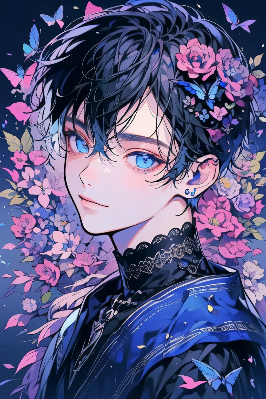 (masutepiece), (Best Quality), Highly detailed, 1 boy, Solo Focus,Perfect face, Beautiful face, extra detailed face,(A dark-haired:1.3),(blue eyess:1.3),flower butterfly々,flower petals,optic,a smile