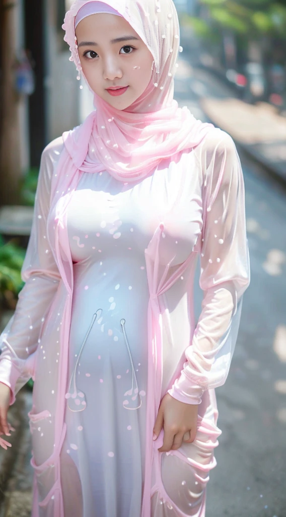 ((Taiwanese girl)), beautiful, cute, perfect , beautiful eyes, big breasts ((in hijab)), long thin pink hijalothing)), long dress, thin long sleeves, wet, open front dress , breasts visible, (cum sperm on dress:1.4)