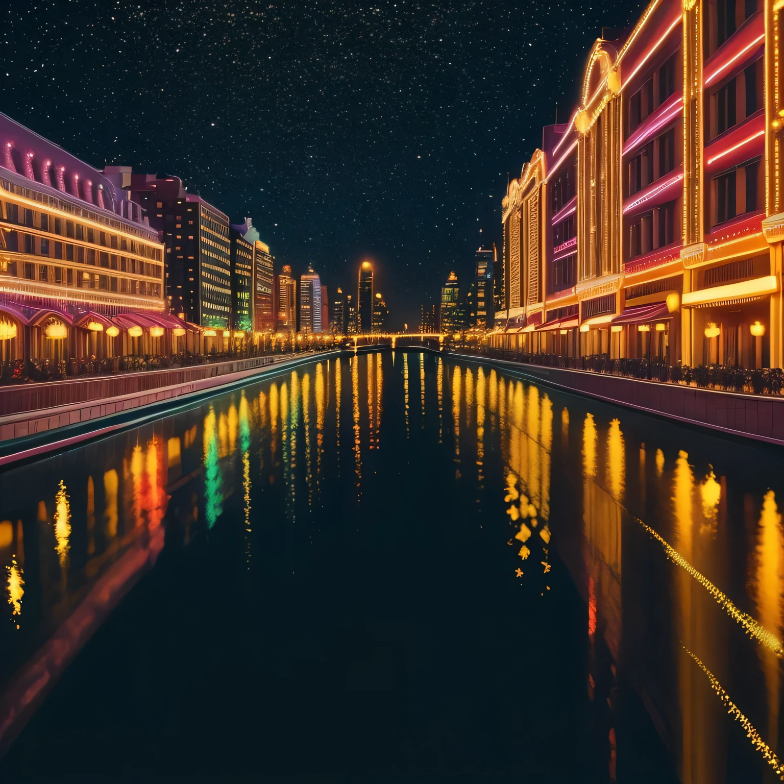 (floating sea of colored lights, Bright, Reflective quality, hight resolution), city lights, Happy people, (Old Hotel), (midynight)