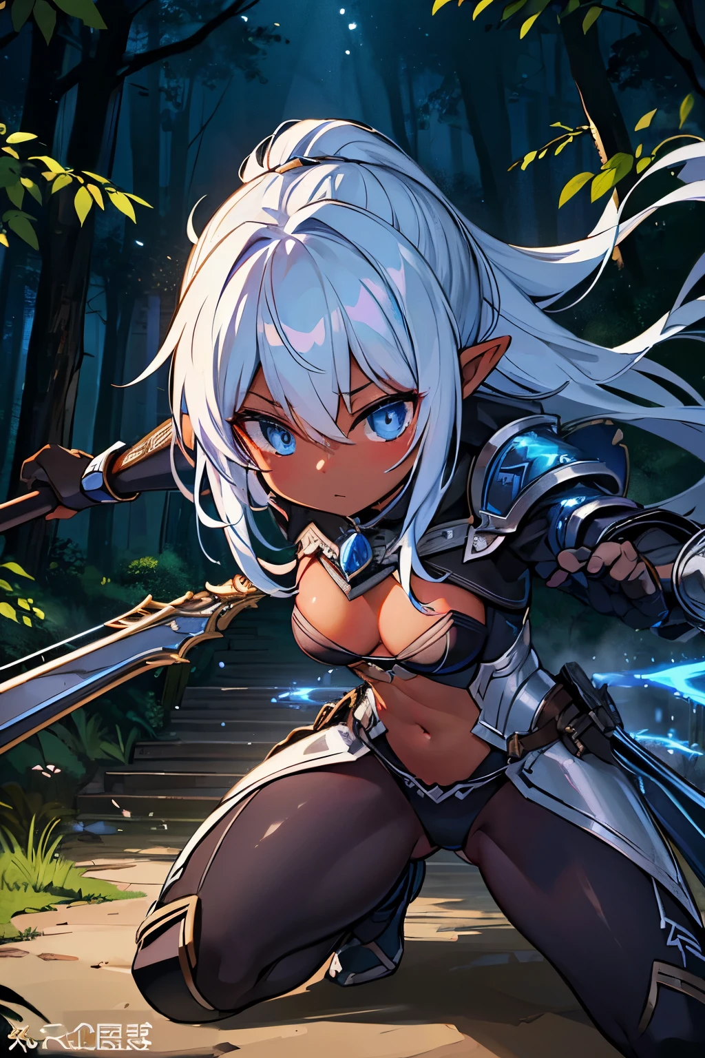 Dark Elves、1girl in, silber hair、Blue eyes、darkskin、bikini-armor、 aiming at viewer、Dynamic Action Poses for Battle Scenes,masterpiece, detailed shadow, Detailed light, ighly detailed, 最hightquality, hard disk, in 8K, hightquality、Clear face、(Fighting stance、)、beautiful digital works of art、((The background is a classic forest))、