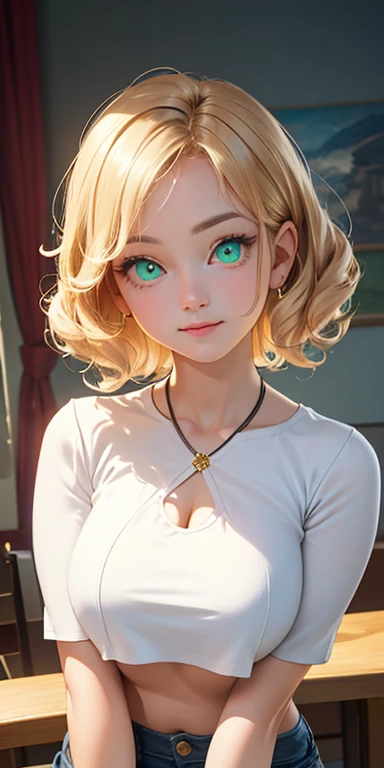 baby face, very short gold hair,curly hair,wavy hair, (photorealistic:1.4), (masterpiece, sidelights, exquisite beautiful eyes: 1.5), masterpiece*portrait, realistic, 3D face,turn one's face up:1.5,kawaii face,front view: 1.5、 (glowing green eyes:1.2),plump face:1.5,(tareme:1.5)、(drunk:1.5),Rosy Mouth,Slim Body,abs, shiny hair, shiny skin: 1.5、large breasts:1.3,solo,(sit)、(cutout between underboob and crop top)、(charactor focus:1.5、portrait)、upper body,