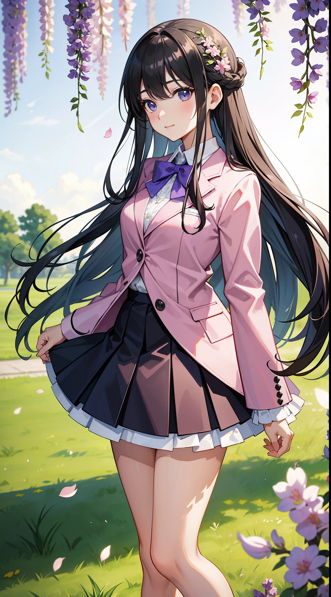 A girl in school uniform stands in front of a tree,tree branch上有pink flowers that,1 sister,by bangare tree,blazer jacket,Bow knot,neck bowtie,tree branch,Sakura NS,领The shirt,Daysiealling petallorest background,Flowers,graduate,flower sea,jaket,Long gray hair,longer sleeves,looking at viewert,allure,lace hose,petals,pink flowers that,What about the lattice,pleatedskirt,club,校服,The shirt,a skirt,ssmile,独奏,springtime \ (seasons \),that tree,Wisteria - anime ,