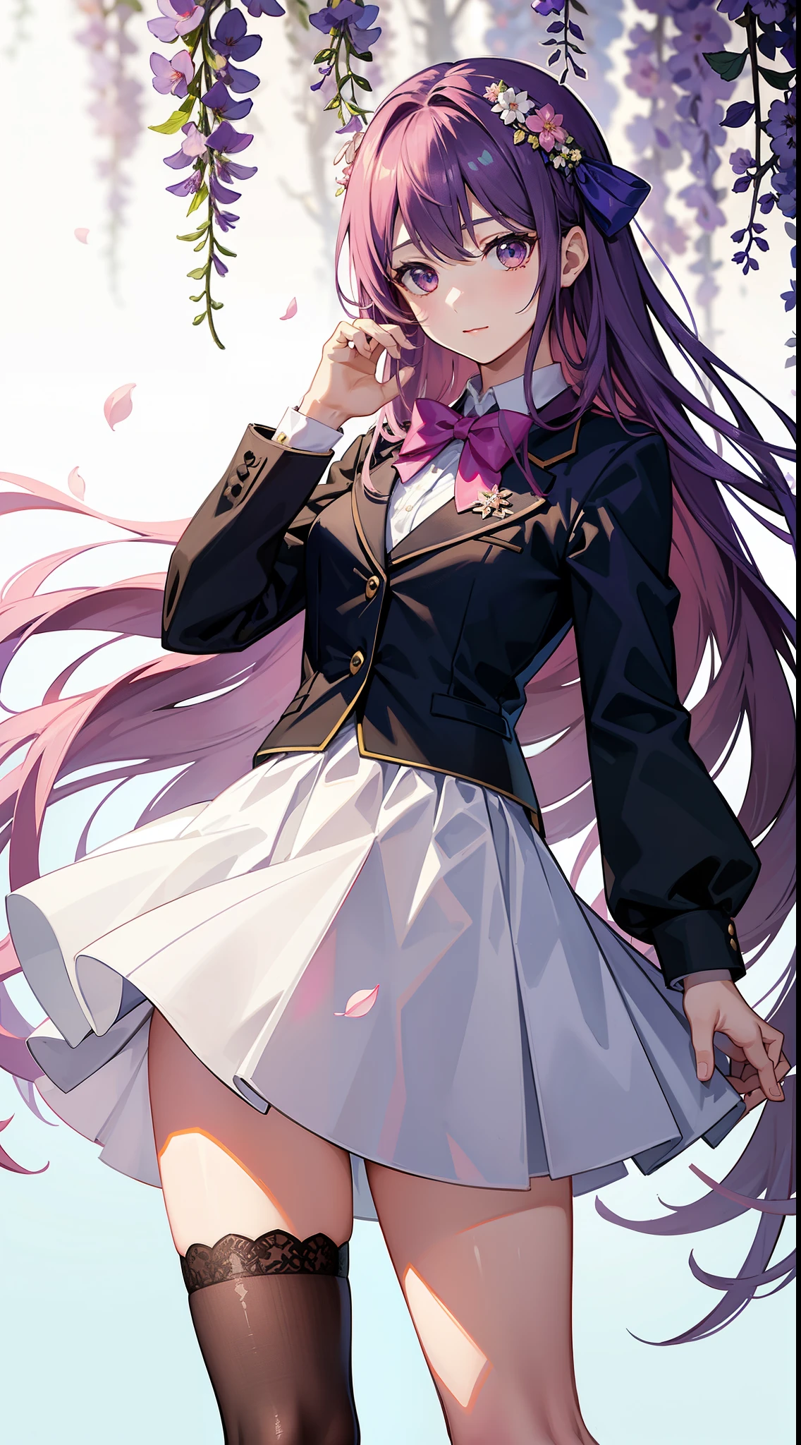 A girl in school uniform stands in front of a tree,tree branch上有pink flowers that,1 sister,by bangare tree,blazer jacket,Bow knot,neck bowtie,tree branch,Sakura NS,领The shirt,Daysiealling petallorest background,Flowers,graduate,flower sea,jaket,Long gray hair,longer sleeves,looking at viewert,allure,lace hose,petals,pink flowers that,What about the lattice,pleatedskirt,club,校服,The shirt,a skirt,ssmile,独奏,springtime \ (seasons \),that tree,Wisteria - anime ,