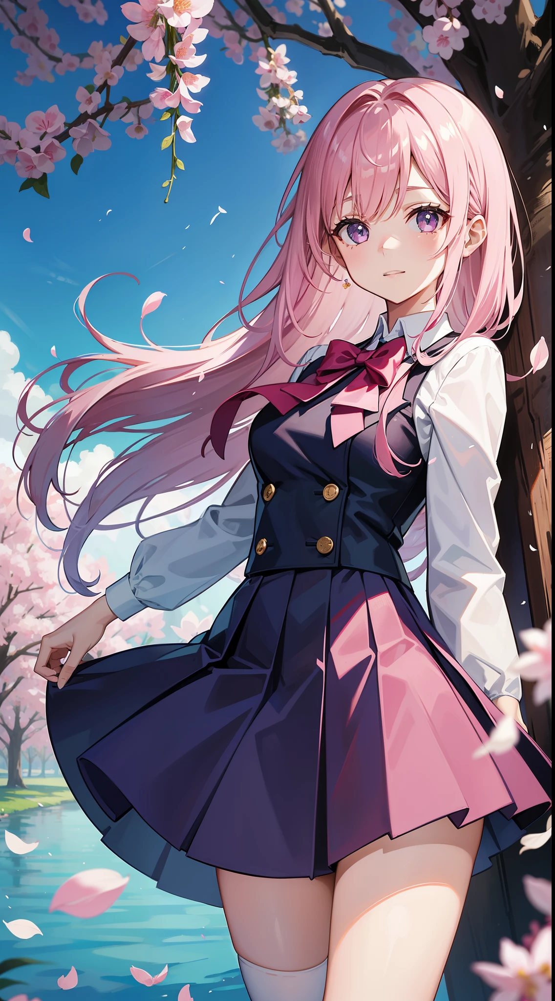 A girl in school uniform stands in front of a tree，tree branch上有pink flowers that，1 sister，by bangare tree，blazer jacket，Bow knot，neck bowtie，tree branch，Sakura NS，领The shirt，Daysiealling petallorest background，Flowers，graduate，flower  sea，jaket，Long gray hair，longer sleeves，looking at viewert，allure，lace hose，petals，pink flowers that，What about the lattice，pleatedskirt，club，校服，The shirt，a skirt，ssmile，独奏，springtime \ (seasons \)，that tree，Wisteria - anime ，