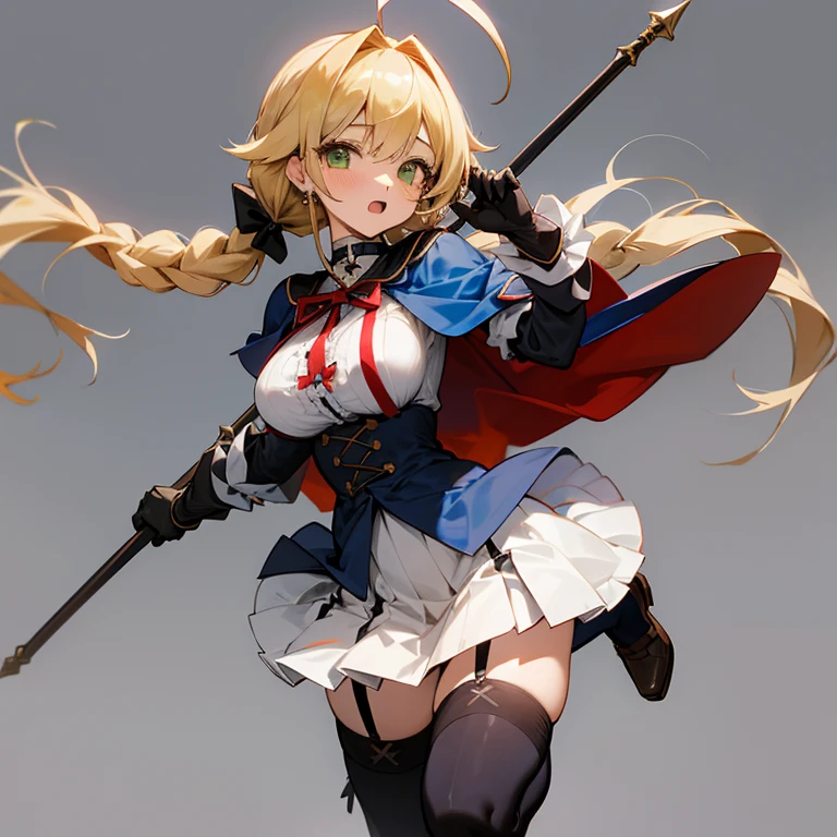 1girl, solo, long hair, breasts, looking at viewer, blush, open mouth, bangs, skirt, blonde hair, large breasts, simple background, thighhighs, gloves, bow, ribbon, holding, twintails, green eyes, full body, braid, ahoge, hair bow, pleated skirt, frills, twin braids, white thighhighs, zettai ryouiki, capelet, low twintails, garter straps, white skirt, cross, staff,holding staff, underbust, blue gloves,absurdly long hair,cross-laced clothes,blue capelet, Red ribbons、cross choker,underbust,strapless dress,cross earrings,