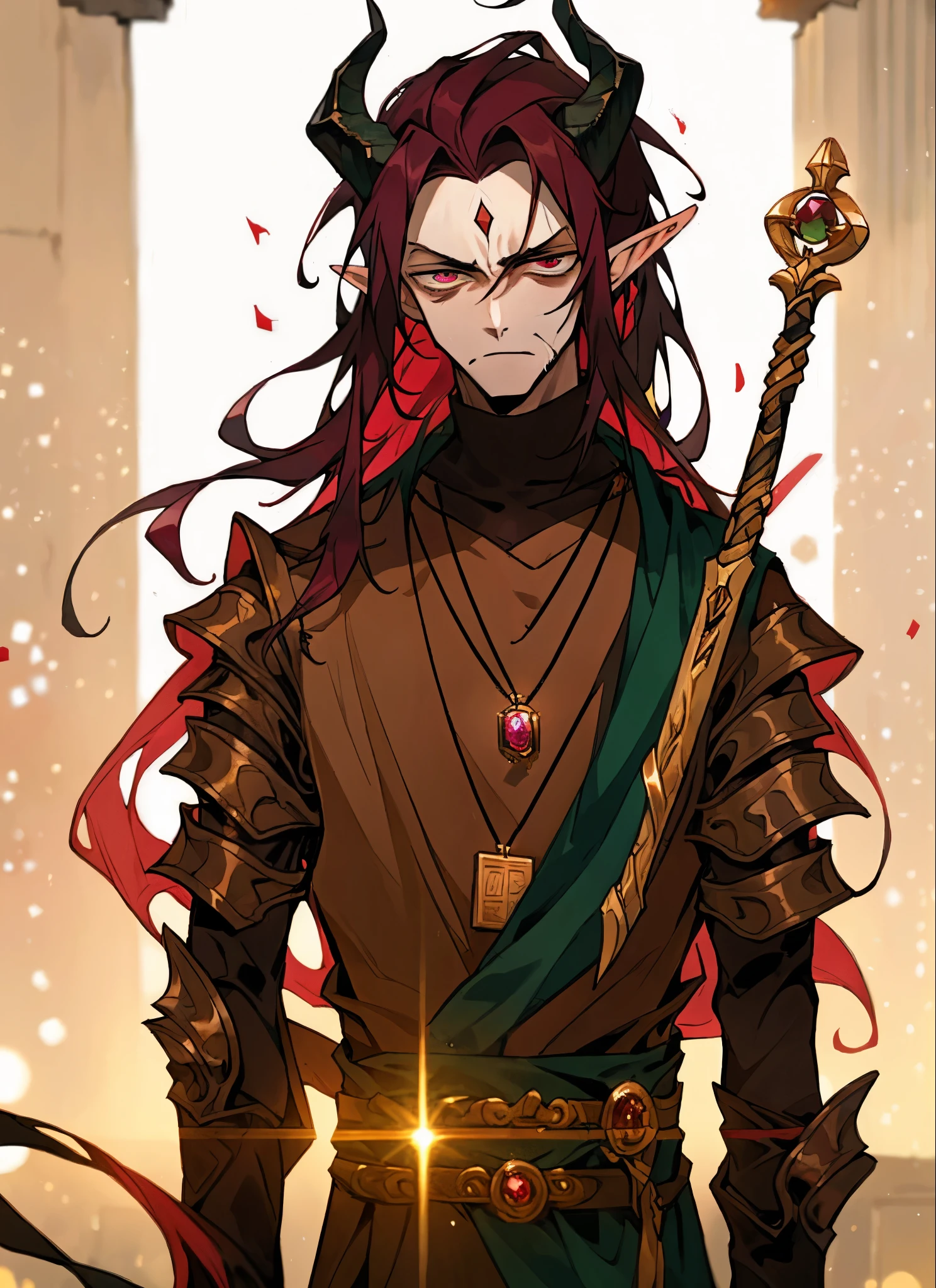 ((Masterpiece, best_quality)) Male elf warrior, saddened_expression, long_messy_maroon_hair, black_demon_horns_extend_from_forehead_sweeping_backwards, sickly_green_narrow_eyes, pointy_ears, pale_white_skin_with_heavy_scaring, wearing_onyx_armour, wearing_gold_amulet_with_ruby_gem_in_center, standing_in_ancient_ruins_exploring, dark_environment, glaive_strapped_to_back, bokeh, upper_body,
