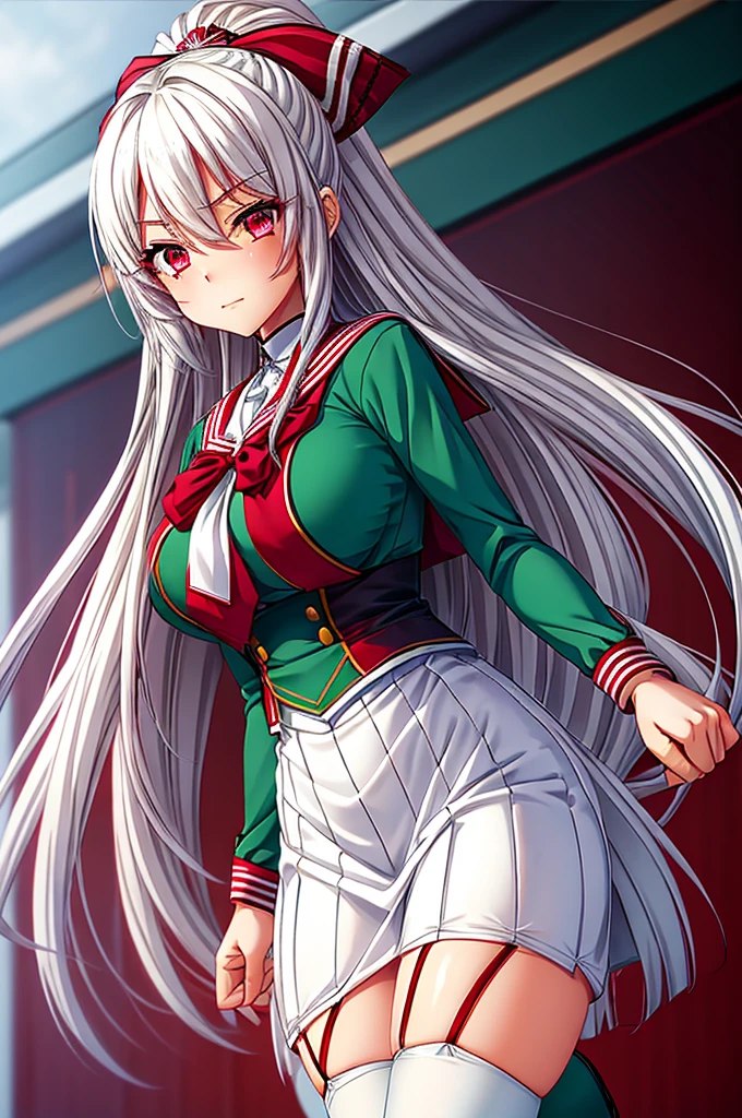 1girl, skinny, big breast, long hair, white hair, (crimson streaks hair), crimson eyes, school uniform, white shirt, green sailor collar, long sleeves, green skirt, (blue stripes on sailor collar), green ribbon tie, black stockings with garters, red bows on the garter, black shoes