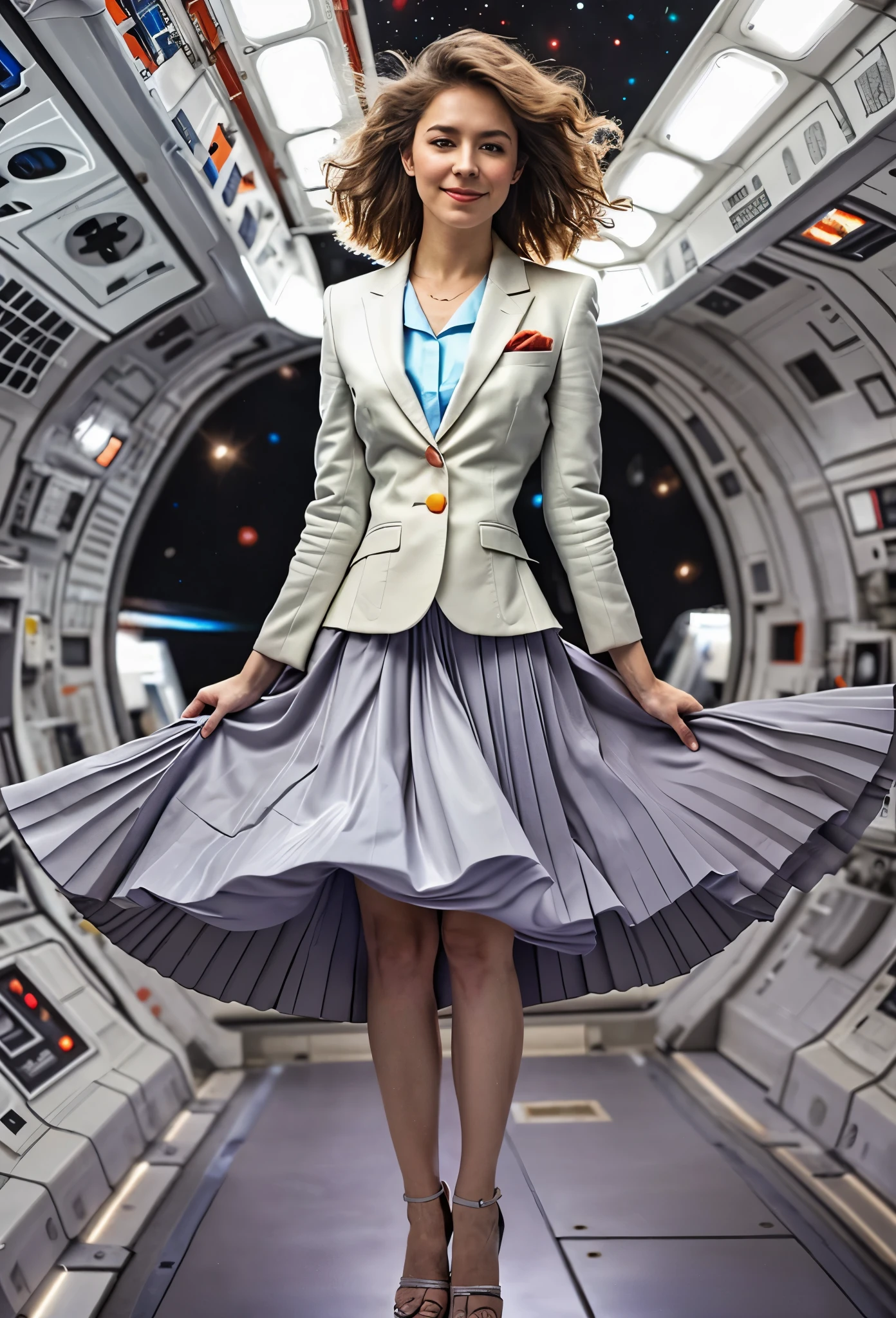 (shy:1,1) (authentic:1,5) woman playing with skirt, dancing on a space ship, wearing short blazer and very very detailed (long (fully pleated) full circle skirt) and (low heeled) office shoes, very very intricate hyper-detailed symmetric (attractive graceful young feminine face) with (sad, tired eyes and a shy smile), large breasts, full of empathy and compassion and love, (pronounced (feminine) features), (highly detailed ultra accurate realistic) hands and fingers, (windy conditions and wind blowing), epic composition, highly detailed attributes, highly detailed space station background, (35mm f1.4 Kodak portra 400 photograph), extremely high quality RAW photograph,