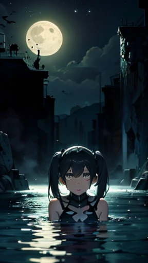 Mato Kuroi from black rock shooter in a pool, moon,