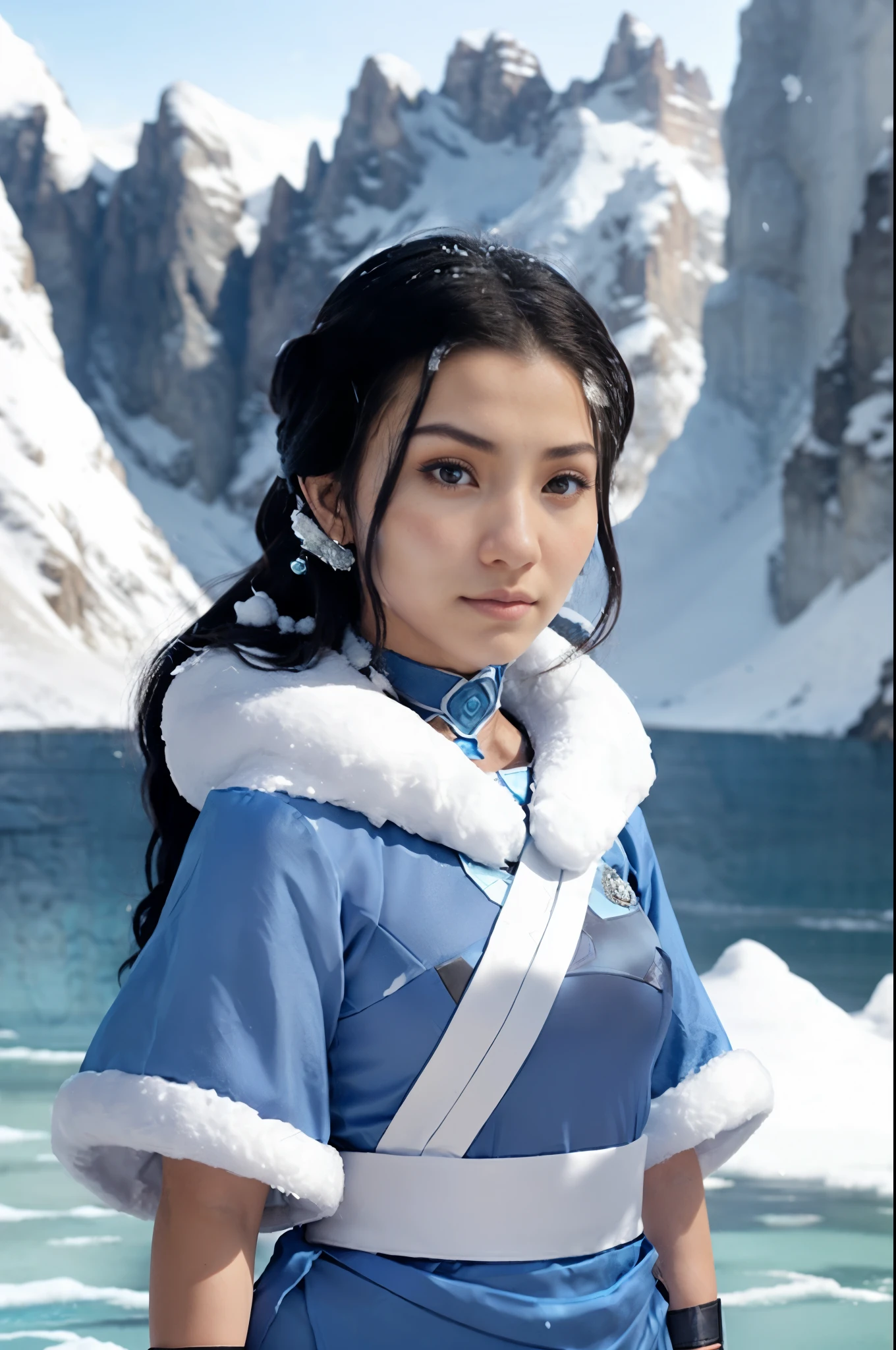 a woman in a blue outfit standing in front of a mountain, katara from avatar, portrait of avatar korra, avatar image, beautiful avatar pictures, korra from the legend of korra, atla, legend of korra, avatar the last airbender, inspired by Mei Qing, legend of korra setting, (snow), avatar, inspired by Li Tang