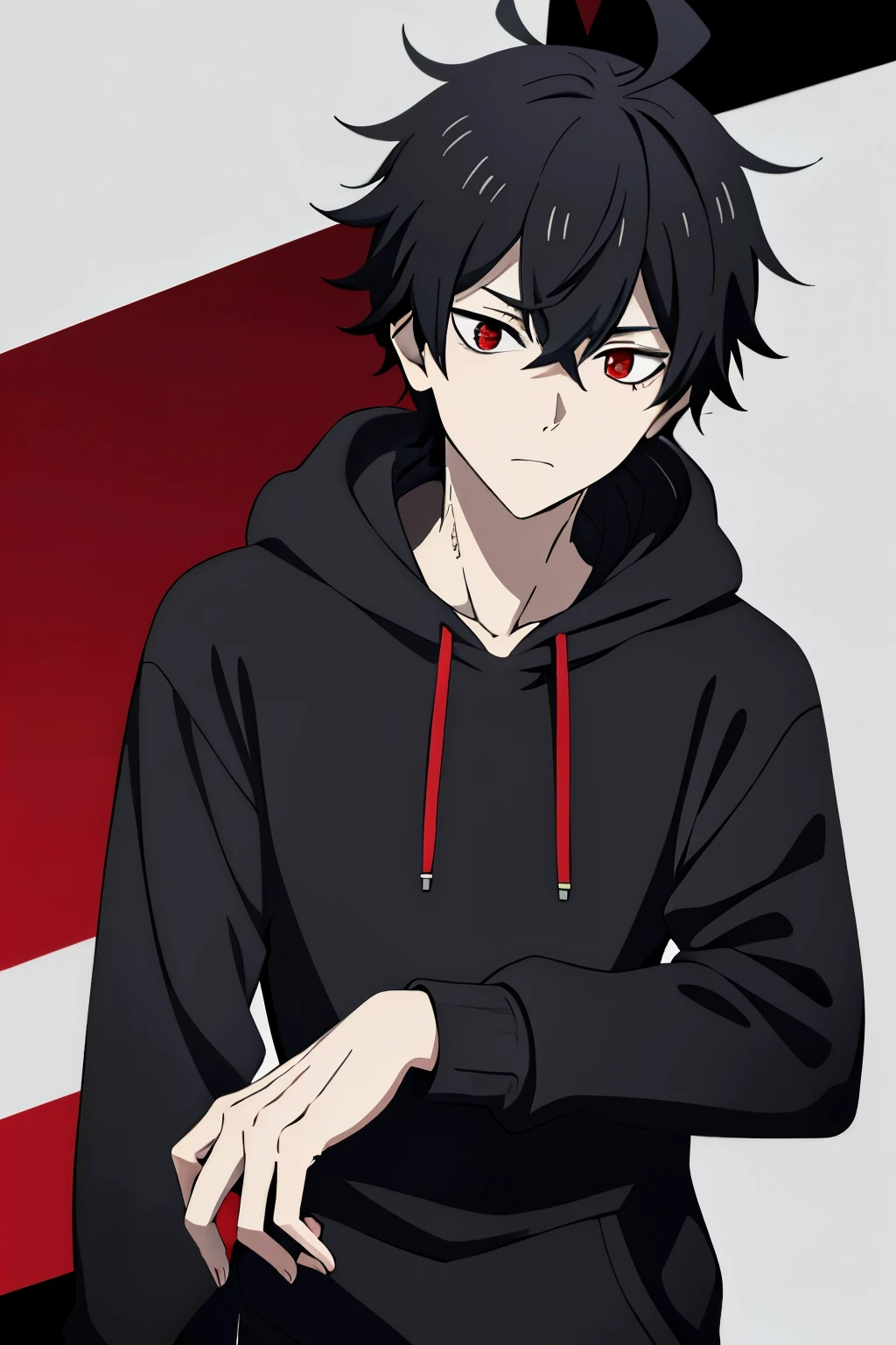 black earling, 1boy, teenage, black hair, red eyes, short haircut, ahoge, cowlick, black hoodie, messy bangs, pale skin, skinny