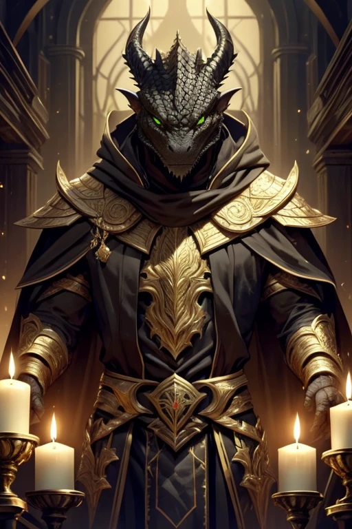 (black dragonborn, male, golden horns, solo portrait, black scales ...