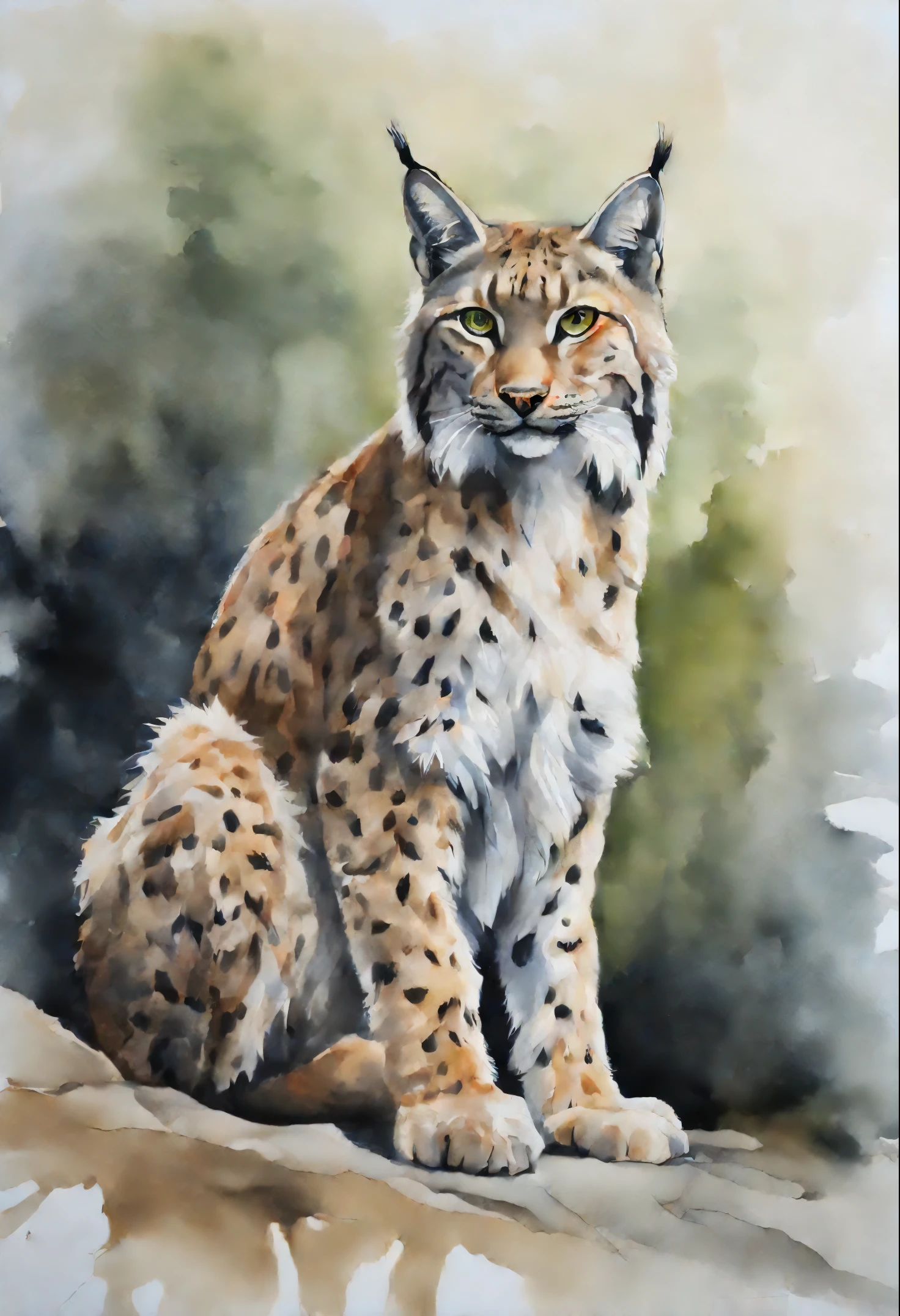 Watercolor drawing, Realism,correctly anatomically drawn body, Lynx + Cloud, Облочная Lynx, Cloud, soft cloud, wild lynx,