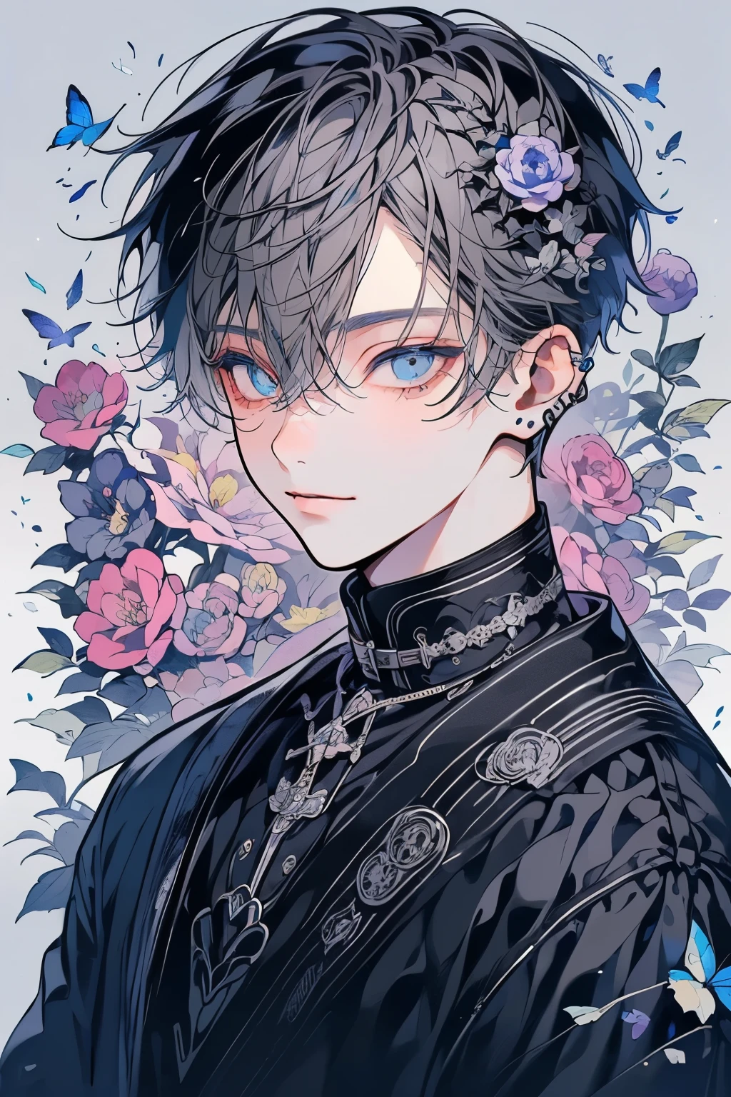 (masutepiece), (Best Quality), Highly detailed, Two boys, Solo Focus，Perfect face, Beautiful face, extra detailed face，(Boy with black hair，Boy with gray hair:1.3)，(blue eyess:1.3)，flower butterfly々，flower petals，optic，a smile