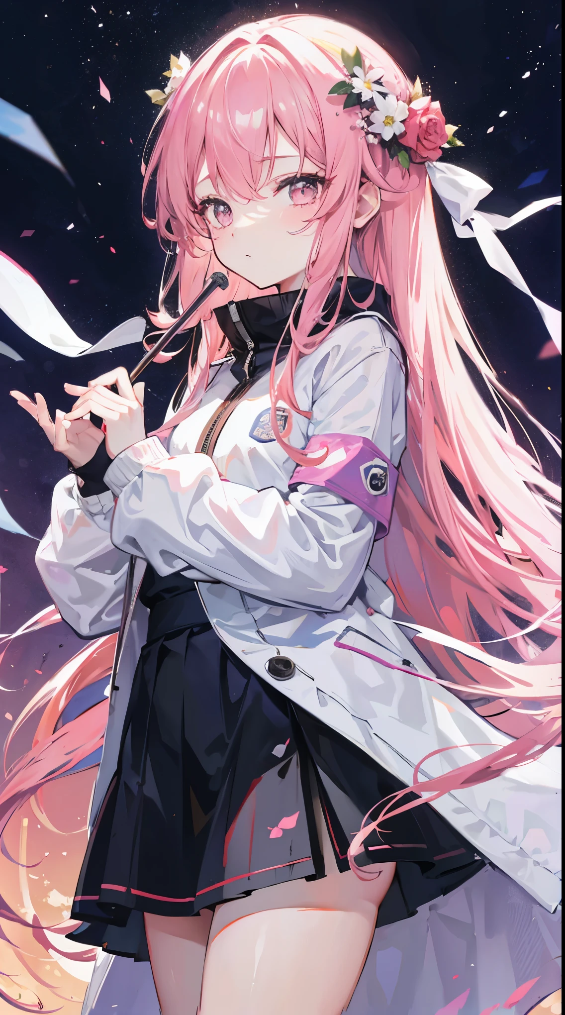 Light pink and uneven long hair，The hair curtain is very long，The hair curtain covers one eye，Hair slightly upward，With gray eyes，Eyes sparkle，Girl of medium build，There is a flower on the head，sunset over empty countryside，Holding a lit fireworks stick in his hand，He is wearing a white tracksuit，black cape skirt，I look lonely and lonely，The atmosphere is desolate，cold shades，He lowered his head