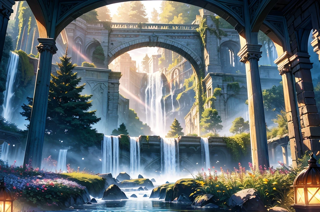 masterpiece, best quality,ultra-detailed, fine detailed, 8k, scenery, landscape, no humans, wide shot, twilight sky, great forest, unexplored region, multiple floating islands, ancient bridge, flower garden, ruins, greenhouse with decoration, Intricate European Bird Cage, Giant Christmas tree, Christmas ornament, ornament ball, Christmas decoration, illumination, present box, forest, waterfall, nature, ray tracing, refraction, cinematic lighting, fisheye lens, tyndall effect