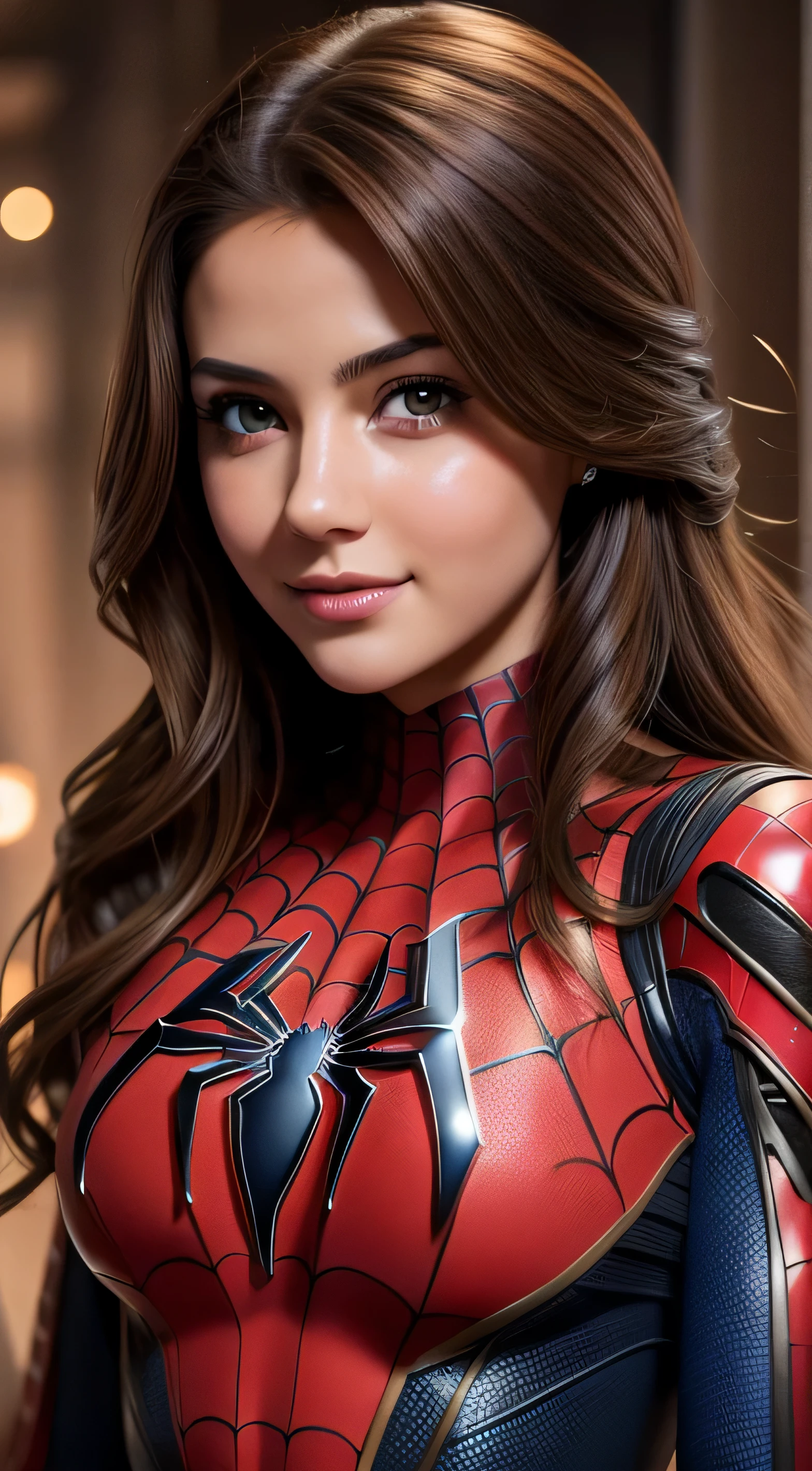 Best quality at best, tmasterpiece, (actual:1.2), 1 girl, Brown hair,Enchanting figure,Bigchest,Brown eyes, Detailed faces, pretty eyes, ssmile,spider-man suit,