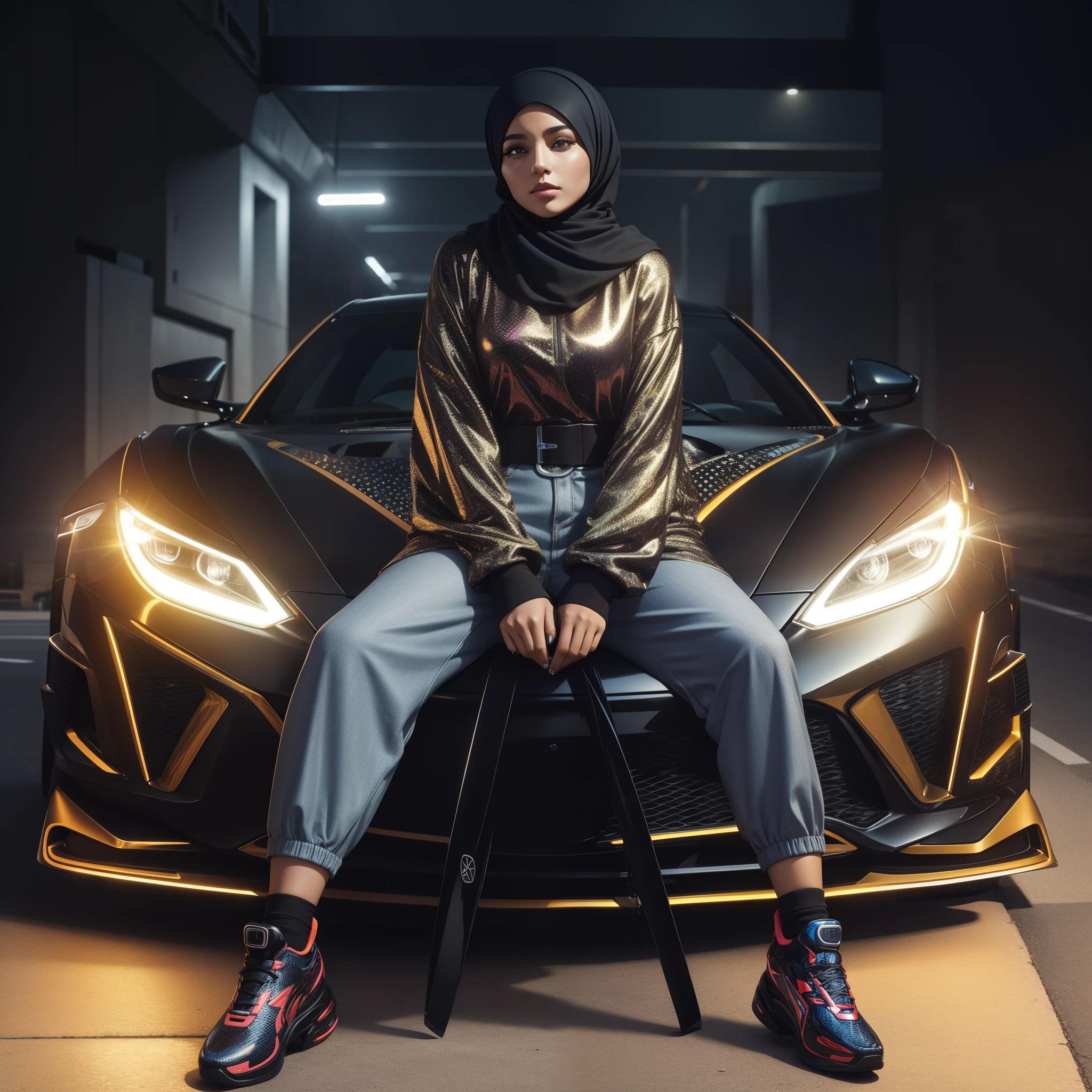 a woman sitting on a bench in front of a sporty car. This woman is dressed in flashy clothes and wears a hijab. The car has striking headlights and looks very attractive.