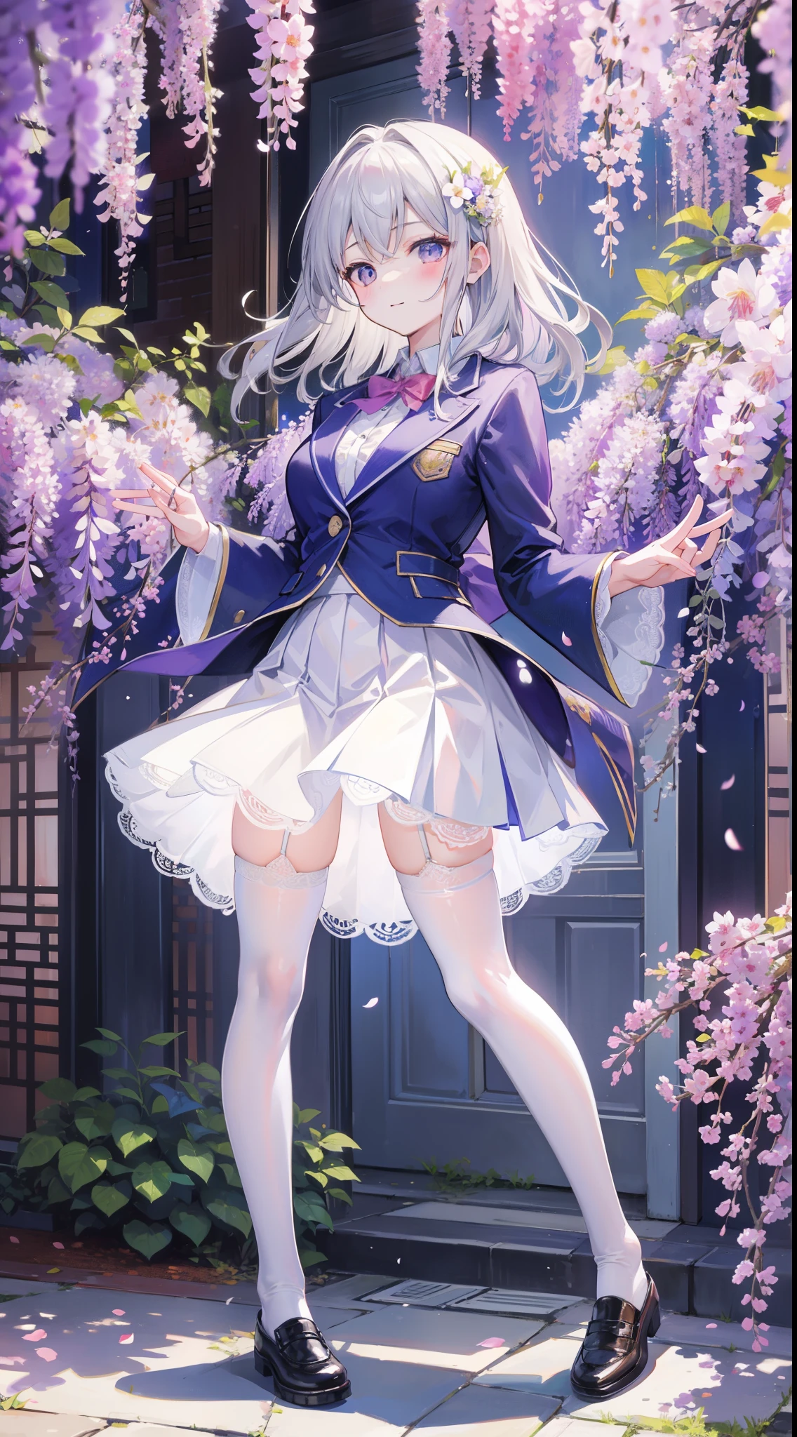 A girl in school uniform stands in front of a tree，粉红色的blossoms在枝头绽放，1 Sister，by bangare tree，blazer jacket，Bow knot，neck bowtie，tree branch，Sakura NS，领The shirt，Daysiealling petallorest background，blossoms，graduate，flower  sea，jaket，Long gray hair，longer sleeves，looking at viewert，luring，lace hose，petals，粉红色的blossoms，What about the lattice，pleatedskirt，club，校服，The shirt，a skirt，ssmile，独奏，springtime \ (seasons \)，that tree，Wisteria - anime ，white stockings