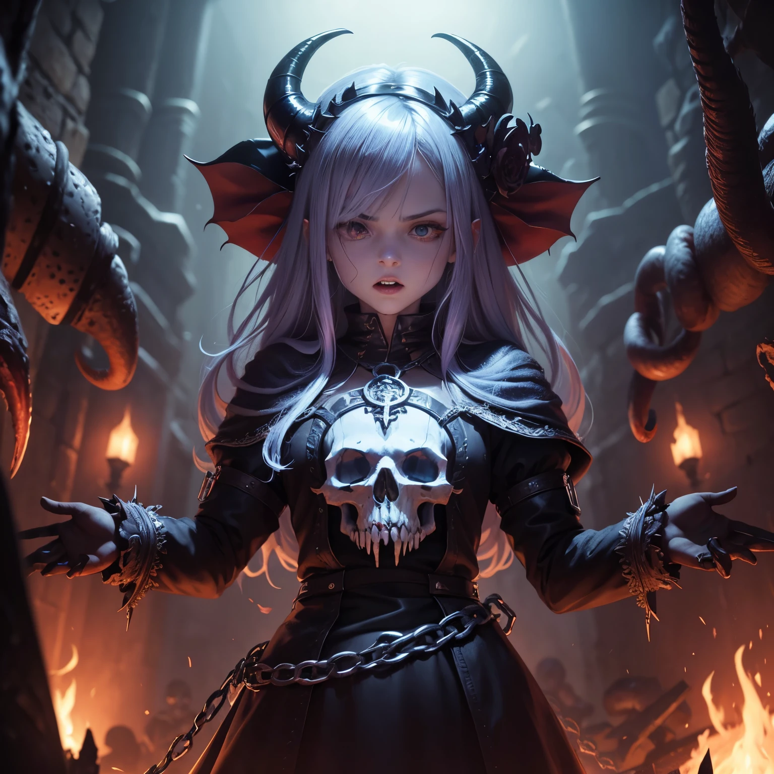 demonio, bestial skull, correntes ensanguentadas, preso, ossos Behemoth, manic eye aberration, membros suturados, tentacles, ossos, dentes, presas afiadas, acorrentado, expression of insanity, loucura, dungeon dungeon environment, 8k, qualidade ultra HD.