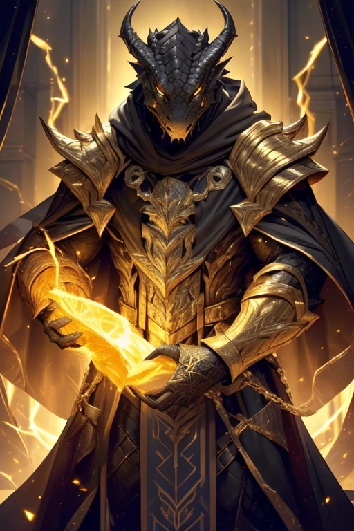 (black dragonborn, male, golden horns, solo portrait, black scales, scales, reptilian face, res eyes) tail, buff, golden armor, golden chest armor, golden gauntlets, golden gauntlets, black cloak, black robes, inside, candles, books, lightning in hands, full body shot, action pose ((masterpiece, best quality)), art by greg rutkowski