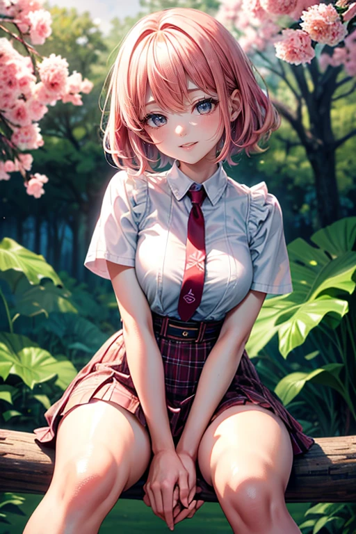 you are perched on a big tree。put your hand out in front of you and touch the tree、Please bend your waist。(best quality, 4k, 8k, highres, masterpiece:1.2), Pink Hair、Shorthair、breasts are beautiful and big。Don't just ride、Please spread your legs and sit on the tree branch.。and smile、Support your body with your hands in front of you。
