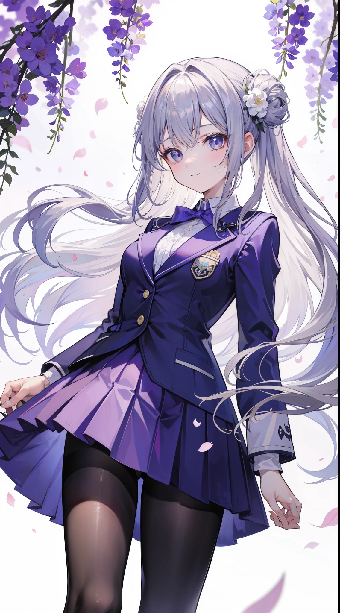 A girl in school uniform stands in front of a tree,粉红色的blossom flower在枝头绽放,1 Sister,by bangare tree,blazer jacket,Bow knot,neck bowtie,tree branch,Sakura NS,领The shirt,Daysiealling petallorest background,blossom flower,graduate,flower sea,jaket,Long gray hair,longer sleeves,looking at viewert,luring,lace hose,petals,粉红色的blossom flower,What about the lattice,pleatedskirt,club,校服,The shirt,a skirt,ssmile,独奏,springtime \ (seasons \),that tree,Wisteria - anime ,Black silk pantyhose