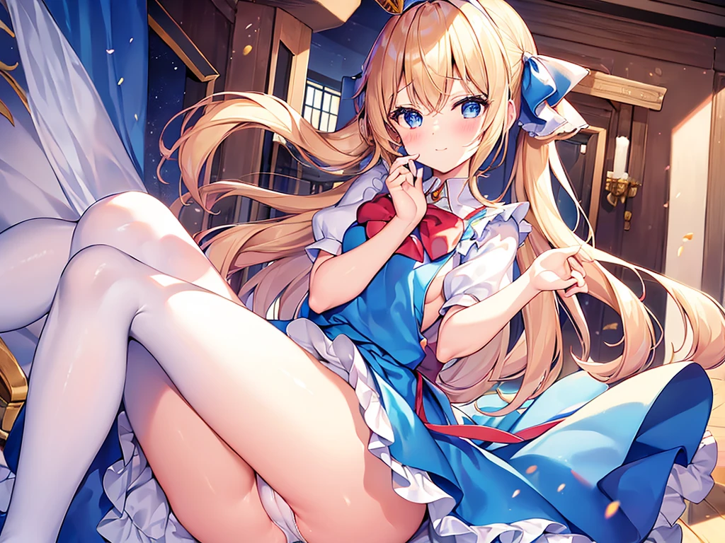 (((no panty panty))),(((オマンコ))),(((No underwear))),((Panties are lowered to the knees)),1girl in, 独奏, length hair, blue eyess, blonde hair, diadems, sitting on, panthyhose, doress, the bow, The card, pinafore, shairband, PlayingCards, looking at the viewers, shortsleeves, 髪のthe bow, 青いshairband, A smile, red blush, hand on own face, 青いdoress, Alice(不思議の国のAlice), hair between eye, a chair, 黒いpanthyhose, 青いthe bow, a throne, Puffy sleeves, Put your hand on your cheek, bangss, ふくらんでいるshortsleeves, bow ribbon、非常にlength hair、mini crown、foot out of frame、frilld、白いpinafore、:q、masterpiece、top-quality、((Lifted skirt、White panty、camel's toe)))、NSFW,twat,FUCK,SEX,Pussy,