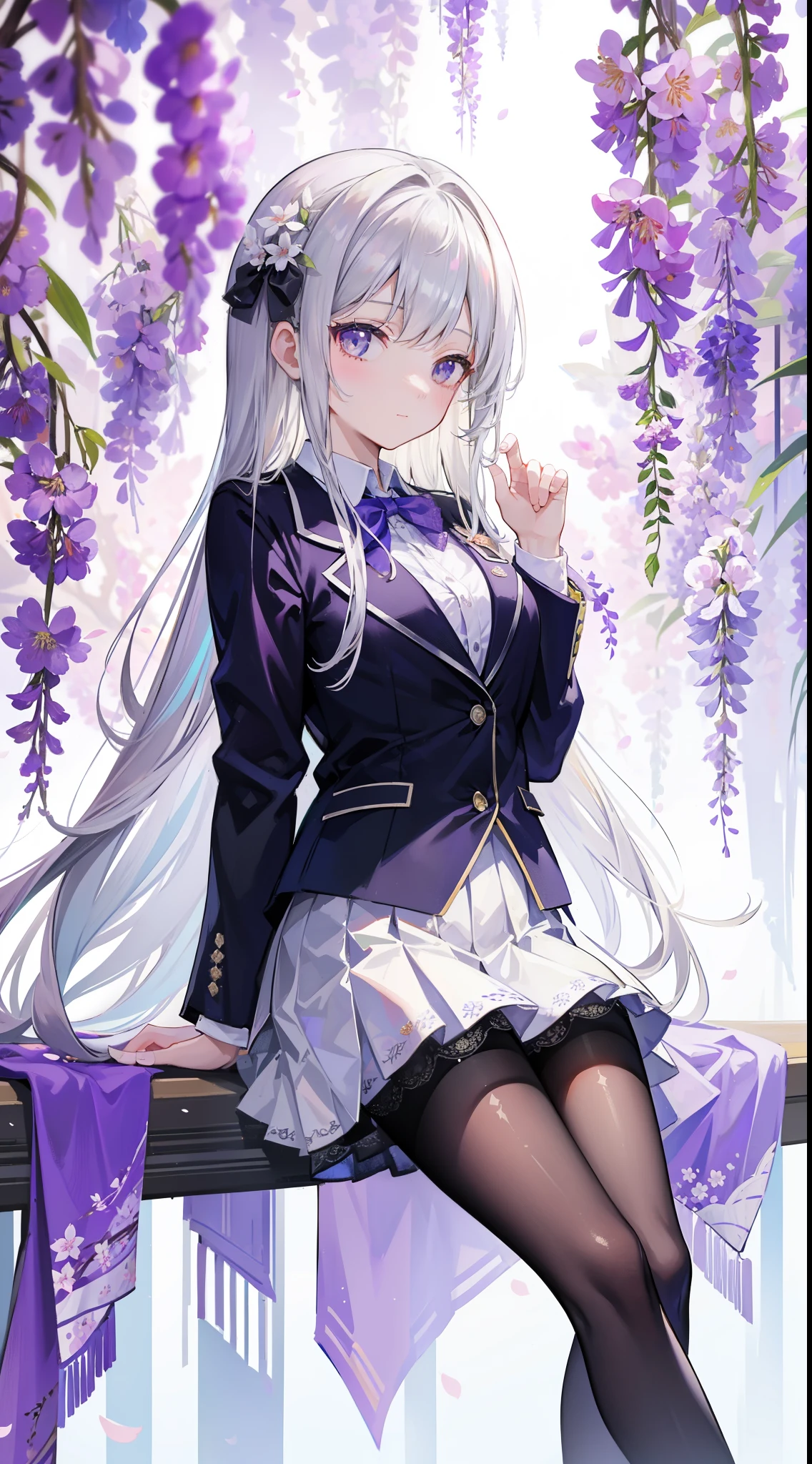 Anime girl sitting on a bench with a purple flower in her hair - SeaArt AI