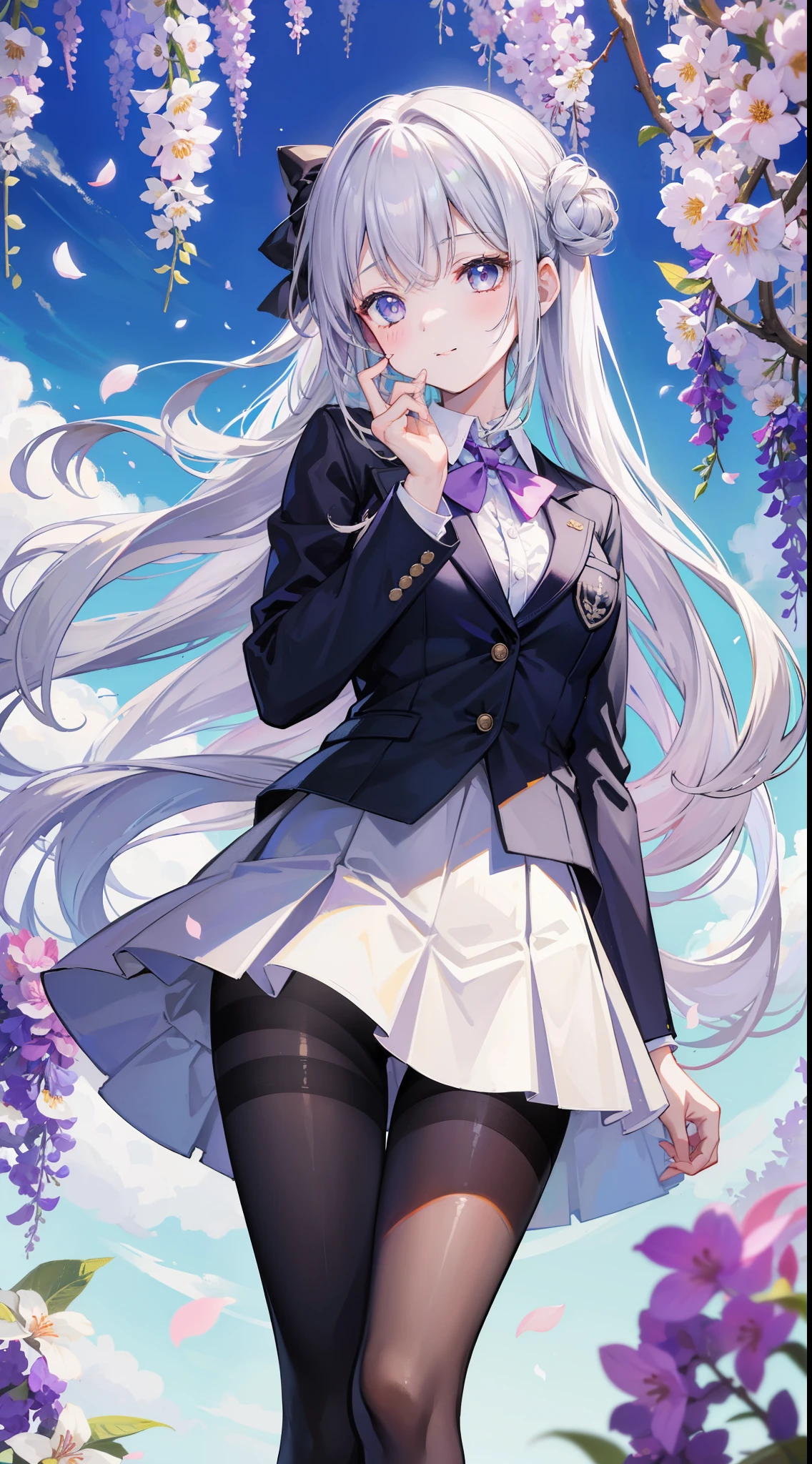A girl in school uniform stands in front of a tree，粉红色的blossoms在枝头绽放，1 Sister，by bangare tree，blazer jacket，Bow knot，neck bowtie，tree branch，Sakura NS，领The shirt，Daysiealling petallorest background，blossoms，graduate，flower  sea，jaket，Long gray hair，longer sleeves，looking at viewert，luring，lace hose，petals，粉红色的blossoms，What about the lattice，pleatedskirt，club，校服，The shirt，a skirt，ssmile，独奏，springtime \ (seasons \)，that tree，Wisteria - anime ，white stockings