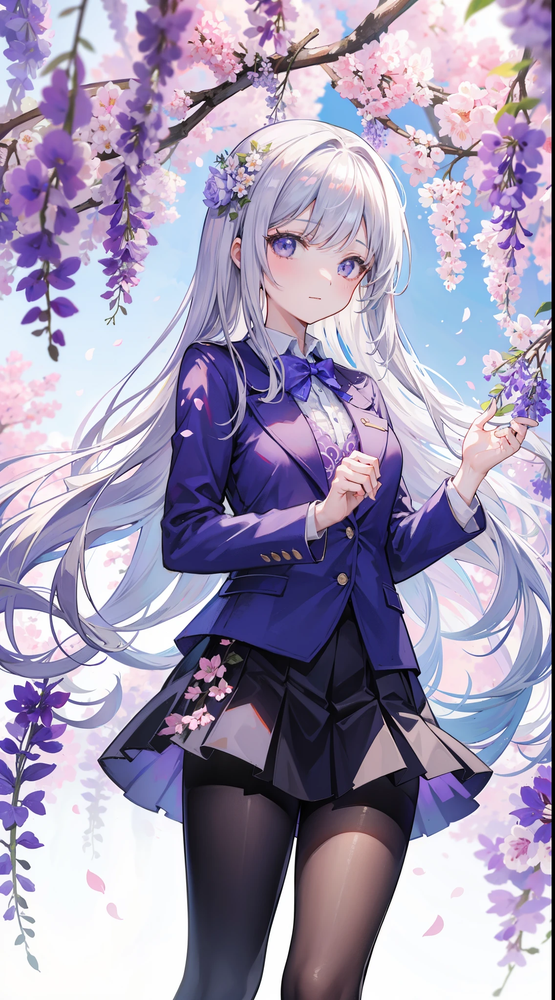 A girl in school uniform stands in front of a tree,粉红色的blossom flower在枝头绽放,1 Sister,by bangare tree,blazer jacket,Bow knot,neck bowtie,tree branch,Sakura NS,领The shirt,Daysiealling petallorest background,blossom flower,graduate,flower sea,jaket,Long gray hair,longer sleeves,looking at viewert,luring,lace hose,petals,粉红色的blossom flower,What about the lattice,pleatedskirt,club,校服,The shirt,a skirt,ssmile,独奏,springtime \ (seasons \),that tree,Wisteria - anime ,Black silk pantyhose