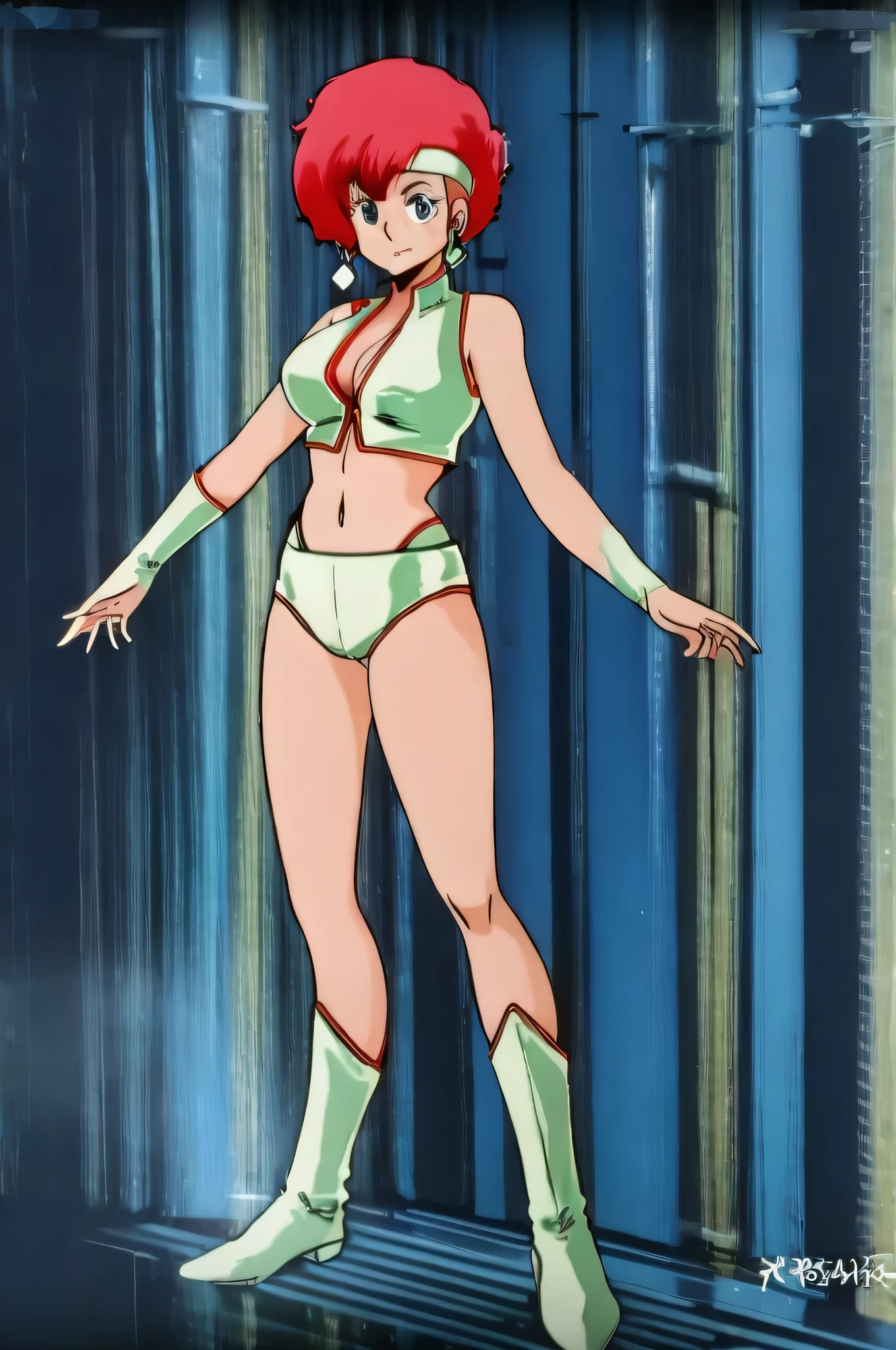 masutepiece,High quality,Ultra high definition,Solo,Outdoors, Looking at Viewer,Smile, koukou,1girl in, Perm Hair, This is permed bangs., Bangs have a lot of volume, All bangs are on the left side, short hair on the back of the head, Super short back hair, Red hair, Wear it close to your forehead, White Hair Band, earrings,Blue eyes, Silver Crop Top,cleavage cutout,Sleeveless,Midriff,silver crop bottoms, high-leg underpants, Silver boots that reach below the knee, Big big, You can clearly see the cleavage, Noticeable swelling of the nipples, plump and glamorous body, Tight waist, plump thighs, Manstreak, Equipped with a silver gun holder on the right hip...., doing an action pose, In the background is a WWWA neon sign,The clothes are very detailed and accurately drawn.,