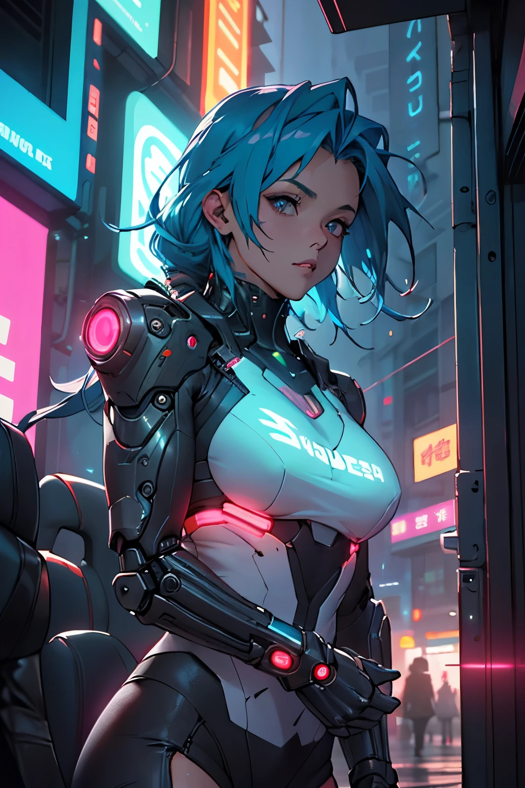 A woman in a futuristic suit standing in front of a neon city - SeaArt AI