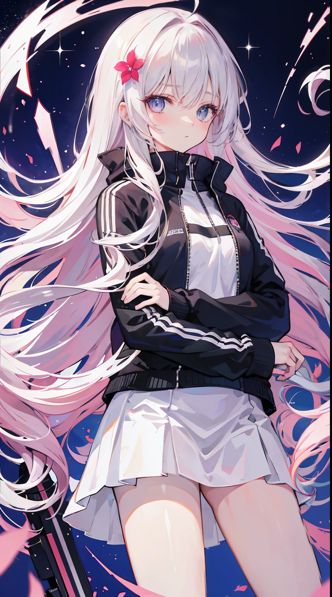 Light pink and uneven long hair,The hair curtain is very long,The hair curtain covers one eye,hair slightly upward,Has gray eyes,sparkle in eyes,Girl of medium build,There is a flower on the head,sunset over empty countryside,Holding a lit fireworks stick in his hand,He is wearing a white tracksuit,black cape skirt,I look lonely and lonely,The atmosphere is desolate,cold shades,He bowed his head,White silk pantyhose