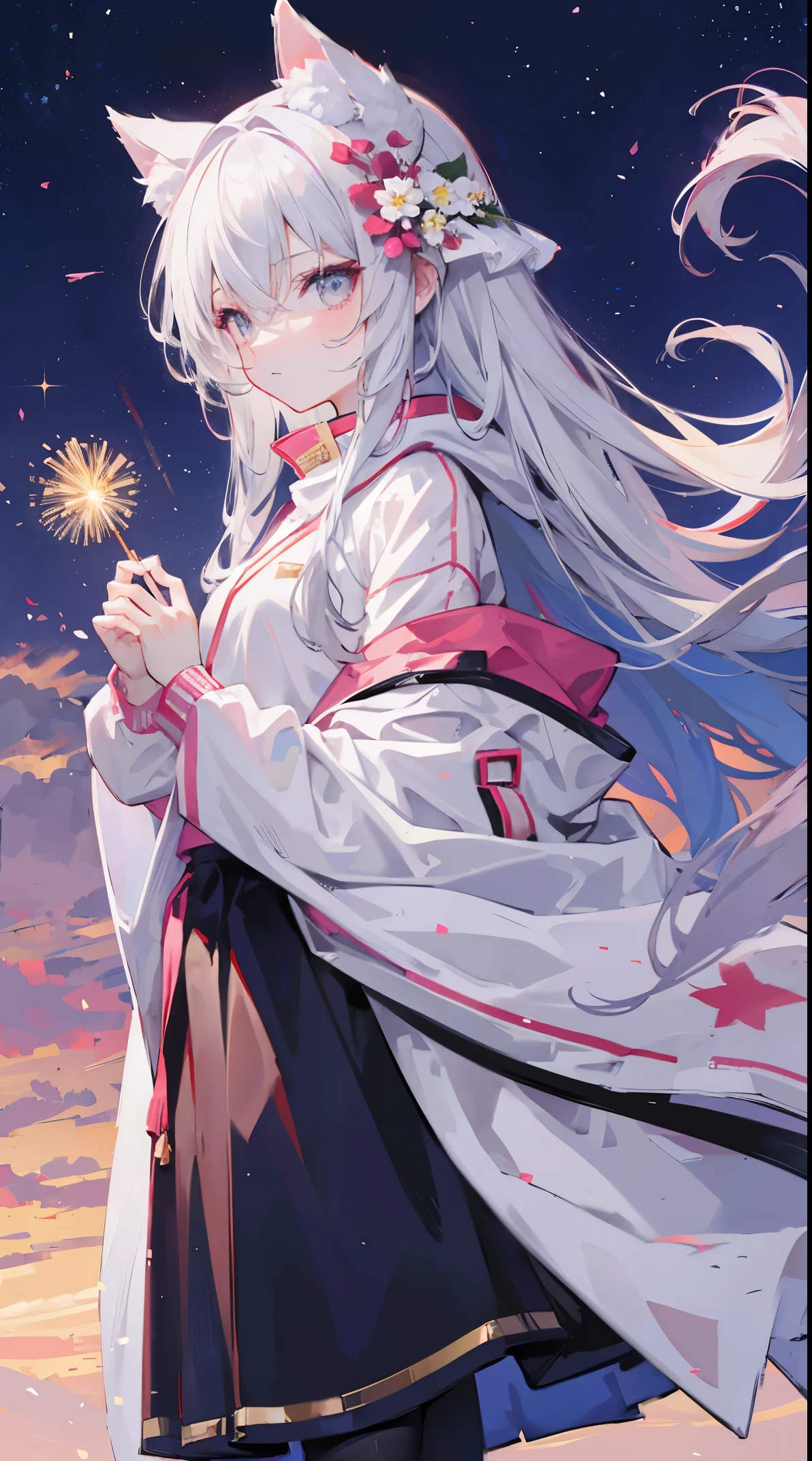 Light pink and uneven long hair,The hair curtain is very long,The hair curtain covers one eye,hair slightly upward,Has gray eyes,sparkle in eyes,Girl of medium build,There is a flower on the head,sunset over empty countryside,Holding a lit fireworks stick in his hand,He is wearing a white tracksuit,black cape skirt,I look lonely and lonely,The atmosphere is desolate,cold shades,He bowed his head,White silk pantyhose