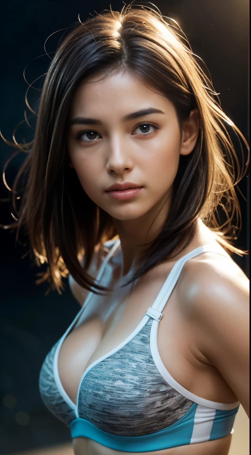 dressed, (photo realistic:1.4), (hyper realistic:1.4), (realistic:1.3), (smoother lighting:1.05), (increase cinematic lighting quality:0.9), 32K, 1girl,20yo girl, realistic lighting, backlighting, light on face, ray trace, (brightening light:1.2), (Increase quality:1.4), (best quality real texture skin:1.4), finely detailed eyes, finely detailed face, finely quality eyes, (tired and sleepy and satisfied:0.0), face closeup, gym bra (Increase body line mood:1.1), (Increase skin texture beauty:1.1)