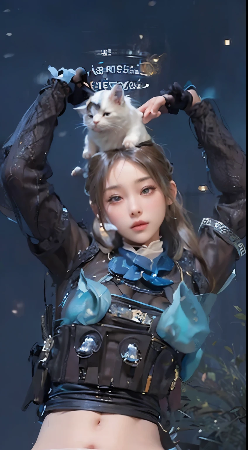 (original photo, Bestquality), (realistic, photo of-realistic:1.cestquality, Extremely Detailed, a masterpiece、, Hyper-Detailed, illustration、(huge boobs,cleavage), dynamic angle, world mastery theater, cluttered_long_hair,Bestquality, extremely detailed CG unity 8k壁纸,ink,astonishinovie lights,Lenlare,dunhuang_style, perfect female body, detailed face, medium boobs, perfect hands, perfect fingers, holding kitten on her head