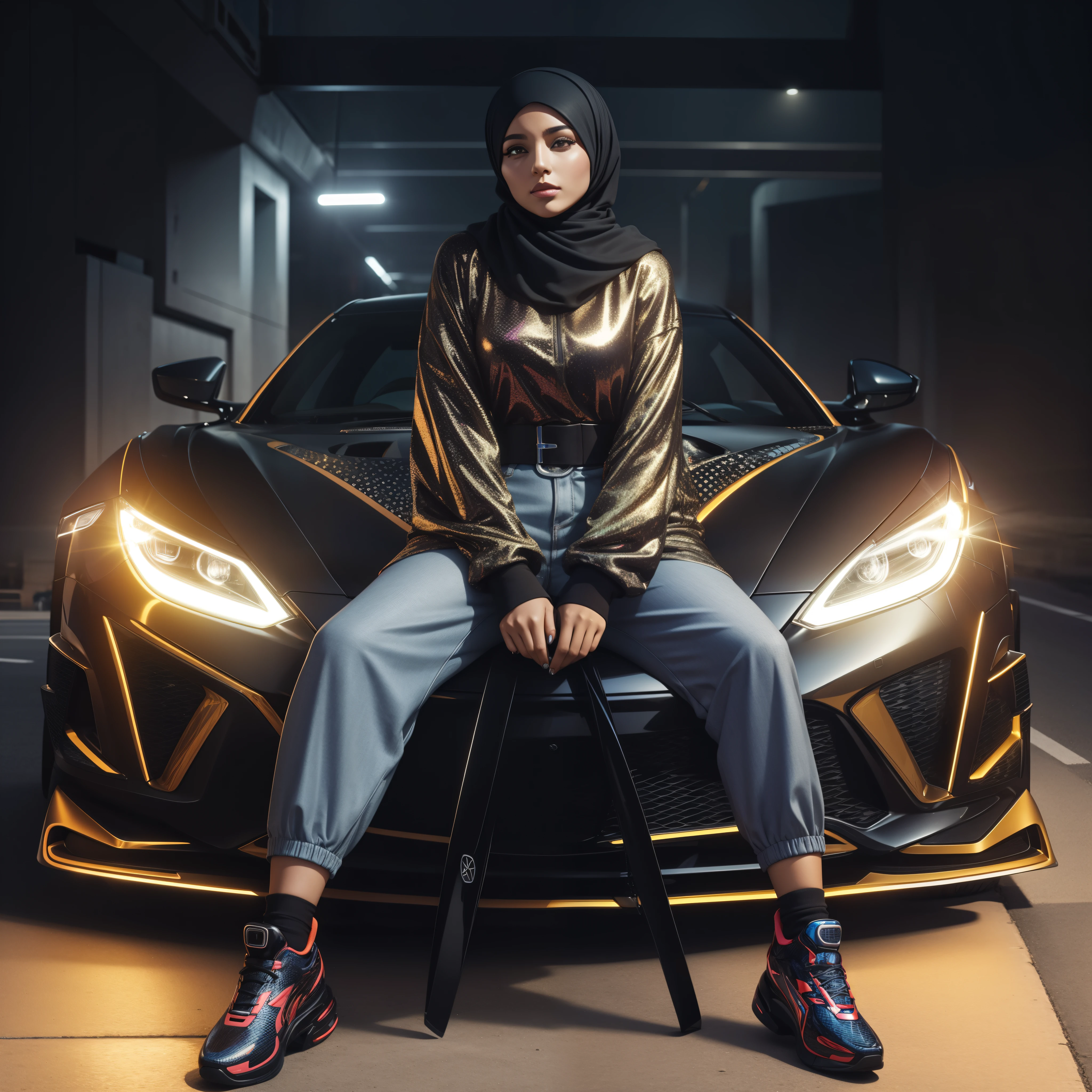 a woman sitting on a bench in front of a sporty car. This woman is dressed in flashy clothes and wears a hijab. The car has striking headlights and looks very attractive.