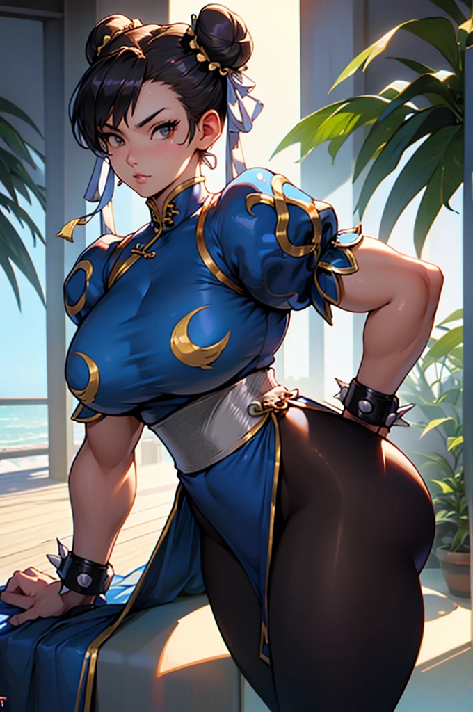 Chun-Li,linda jovem com uniforme azul classico, coxas grossas, belas coxas sexy,um pouco muscolosa, cabelo preso, black tights, floresta,noite ceu estrelado