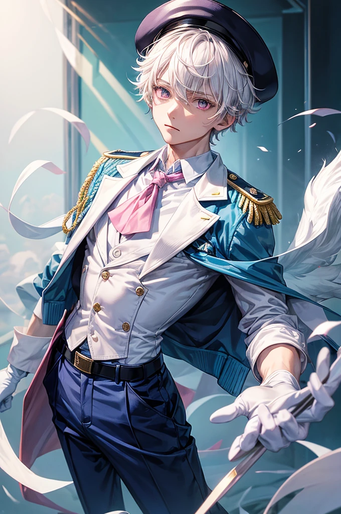 1boy, skinny, fragile figure, short white fluffy hair, pink eyes, blue jacket, white shirt, dark blue tie, green armband, blue trousers, white gloves, black berets, police cap