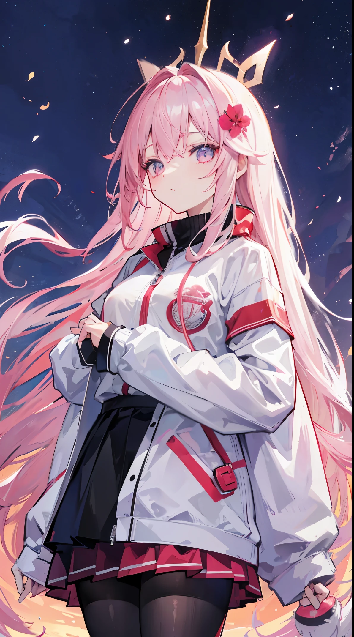 Light pink and uneven long hair，The hair curtain is very long，The hair curtain covers one eye，hair slightly upward，Has gray eyes，Eyes sparkle，Girl of medium build，There is a flower on the head，sunset over empty countryside，Holding a lit fireworks stick in his hand，He is wearing a white tracksuit，black cape skirt，I look lonely and lonely，The atmosphere is desolate，cold shades，He bowed his head，Black silk pantyhose