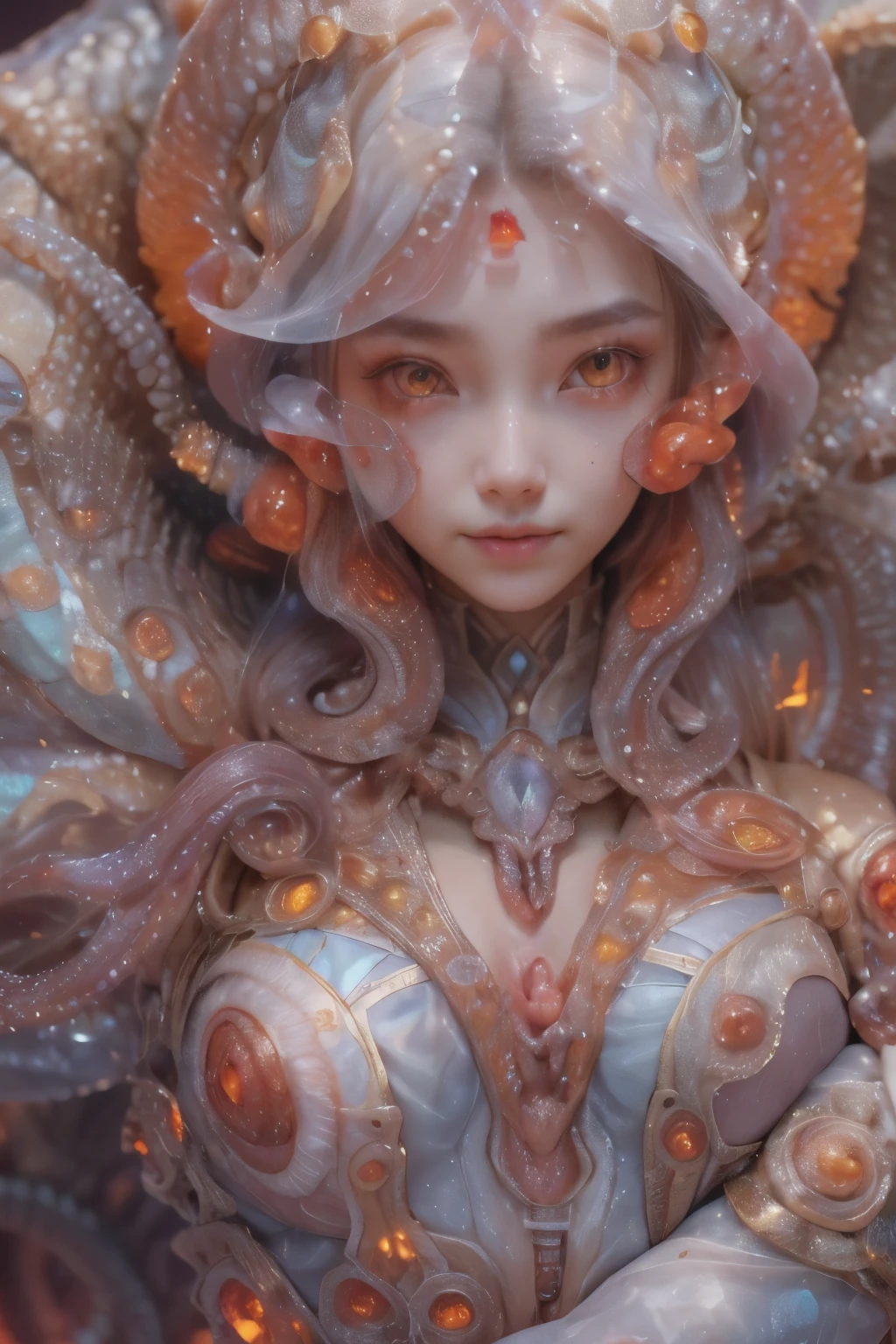 scary and sexy detailed art in color, Portrait, (beautiful and obscene female alien:1.4), (vulgarity1.7), (she has red eyes with no pupils:1.8), (Translucent white skin:1.7), (There is a female genital-like organ in the middle of the forehead:1.9), (The most beautiful face in the history of the universe:1.2),an evil gaze that seduces, (large mouth:1.1), (sharp teeth like a vampire:1.2), Full body portrait, (bio luminescent:1.5), (Smile wickedly:1.3), (sexypose:1.5), alien, No humans, cells are fused, (Lots of translucent tentacles:1.3) extraterrestrial, cell, bio image, best quality, 8K, In 4K_quality, High freshness, Dramatic Lighting, masutepiece:1.5,cinematic quality, detail up, (exquisite details:1.2), high resolution, High freshness, drawing faithfully, (Thick eyebrows:1.2), Beautiful eyes with fine symmetry,(Highly detailed face and eyes:1.2), Intimate face, (Super detailed skin quality feeling:1.4), perfect anatomy, (Beautiful toned body:1.5), (Moist skin:1.2), not wearing makeup, (dark circles:1.1), long canines, cinematic drawing of characters, ultra high quality model, cinematic quality, detail up, (exquisite details:1.2), high resolution, High freshness, drawing faithfully, official art, Unity 8K Wall paper, best quality, Very high resolution, ultra detailed artistic photography, midnight aura, unreal engine 5, Ultra Sharp Focus, art by Amano Yoshitaka, ArtGerm, Roisch, intricate artwork, best quality, masterpiece, ultra high resolution, (photos realistic:1.4), ultra realistic realism, dream-like, nautilus, Creation of fantasy, Snail, Dream Snail, (biopunk nautilus:1.3),Thrilling color schemes, ultra realistic realism, seductively smiling, Blue tentacles, Amazing mutation, well-proportioned body, goddess of the deep sea