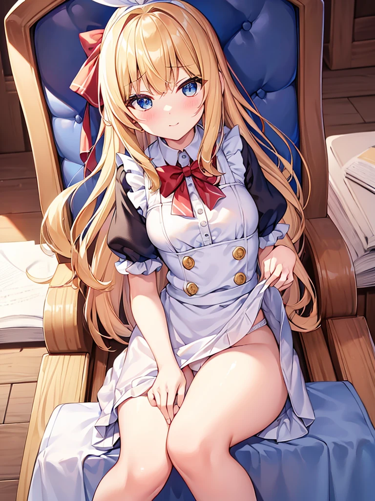 (((pantiy))),(((オマンコ))),She is sitting completely naked with her legs spread wide, showing her ass, anus, pussy, and small nipples while having sex.,1girl in, 独奏, length hair, blue eyess, blonde hair, diadems, sitting on, panthyhose, doress, the bow, The card, pinafore, shairband, PlayingCards, looking at the viewers, shortsleeves, 髪のthe bow, 青いshairband, A smile, red blush, hand on own face, 青いdoress, Alice(不思議の国のAlice), hair between eye, a chair, 黒いpanthyhose, 青いthe bow, a throne, Puffy sleeves, Put your hand on your cheek, bangss, ふくらんでいるshortsleeves, bow ribbon、非常にlength hair、mini crown、foot out of frame、frilld、白いpinafore、:q、masterpiece、top-quality、((Lifted skirt、White panty、camel's toe)))、NSFW,twat,A pose where you can be seen from below,are small,Pose that shows your anus,