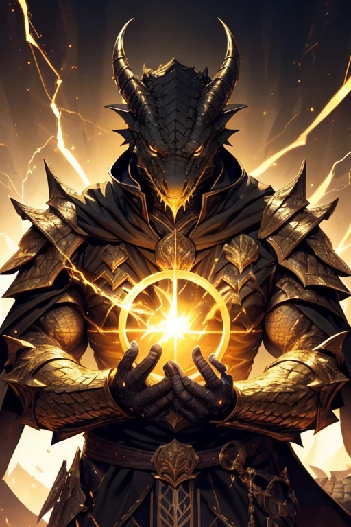 (black dragonborn, male, golden horns, solo portrait, black scales, scales, reptilian face, res eyes) tail, buff, golden armor, golden chest armor, golden gauntlets, golden gauntlets,  black cloak, black robes, inside, lightning, books, holding lightning in hands, close-up, action pose ((masterpiece, best quality)), art by greg rutkowski