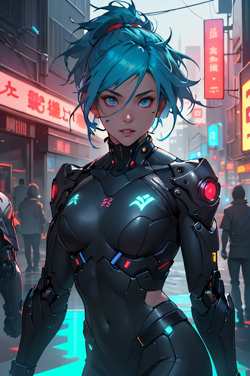 Better quality, tmasterpiece, 超高分辨率, ((Photorealsitic: 1.4), RAW photogr, blue hairs, Glowing skin, 1 mechanical girl, (Ultra-realistic details)), globalillumination, shadowing, octaneratingrendering, 8K, Super sharp, Intricate decorative details, egypician detail, very complex details, realistic light, CG trends, in front of camera, neon light detail, Mechanical limb, Connected blood vessels make eyes glow, (Stunning cyberpunk cityscape in the background) Woman close-up, anime cyberpunk art, cyberpunk anime art, anime figure;