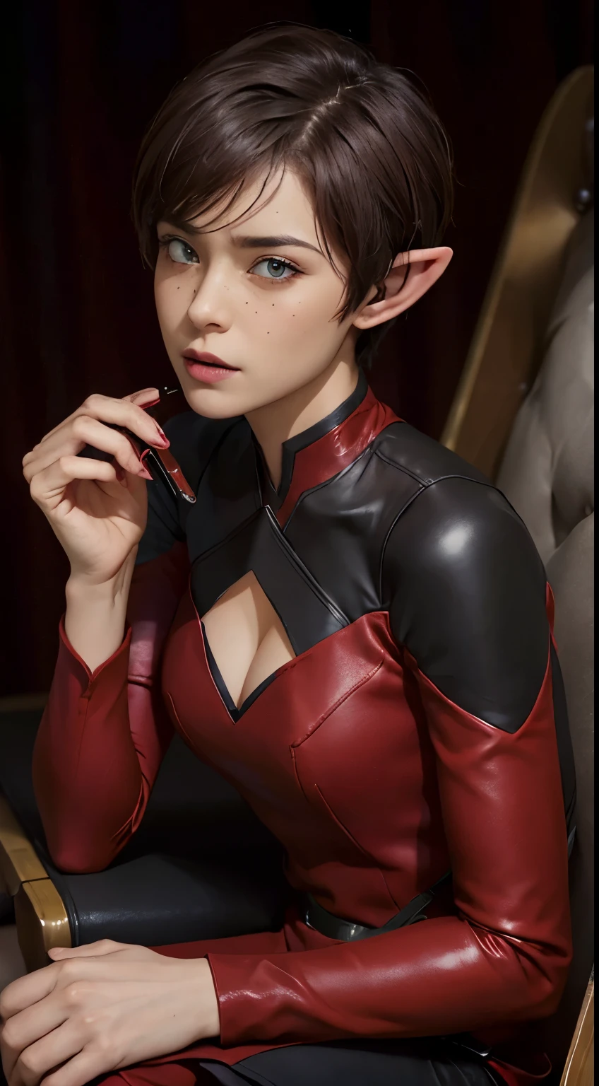 ((best quality)), ((master part)), (circunstanciado), there is a woman in a red leather suit sitting on a couch, a portrait inspired by Vincent Lefevre, trending on cg society, realism, red suit, v from devil may cry as an elf, crimson themed, red wine, trending on cgstation, resident evil inspired, captured on canon eos r 6, wearing a black and red suit, red and cinematic lighting, pixie cut hair